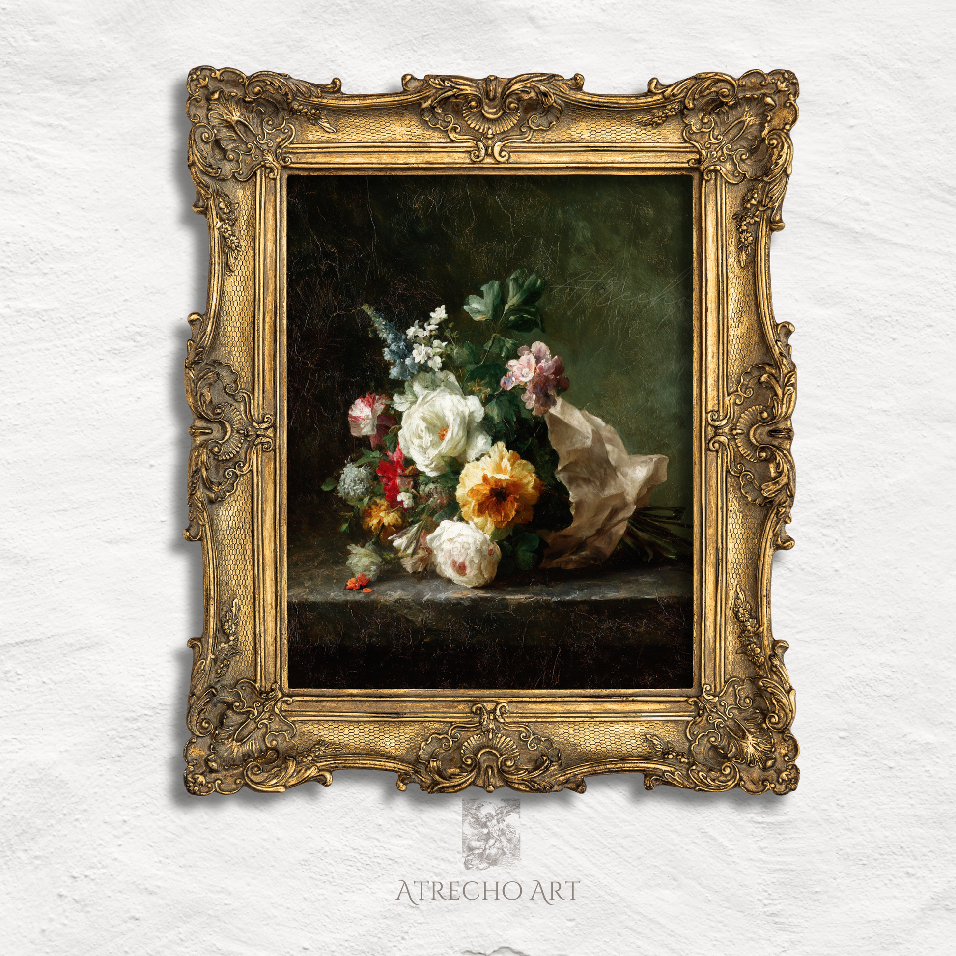 Vintage floral art print featuring dark romantic roses and white flowers against moody background, perfect for European style home decor