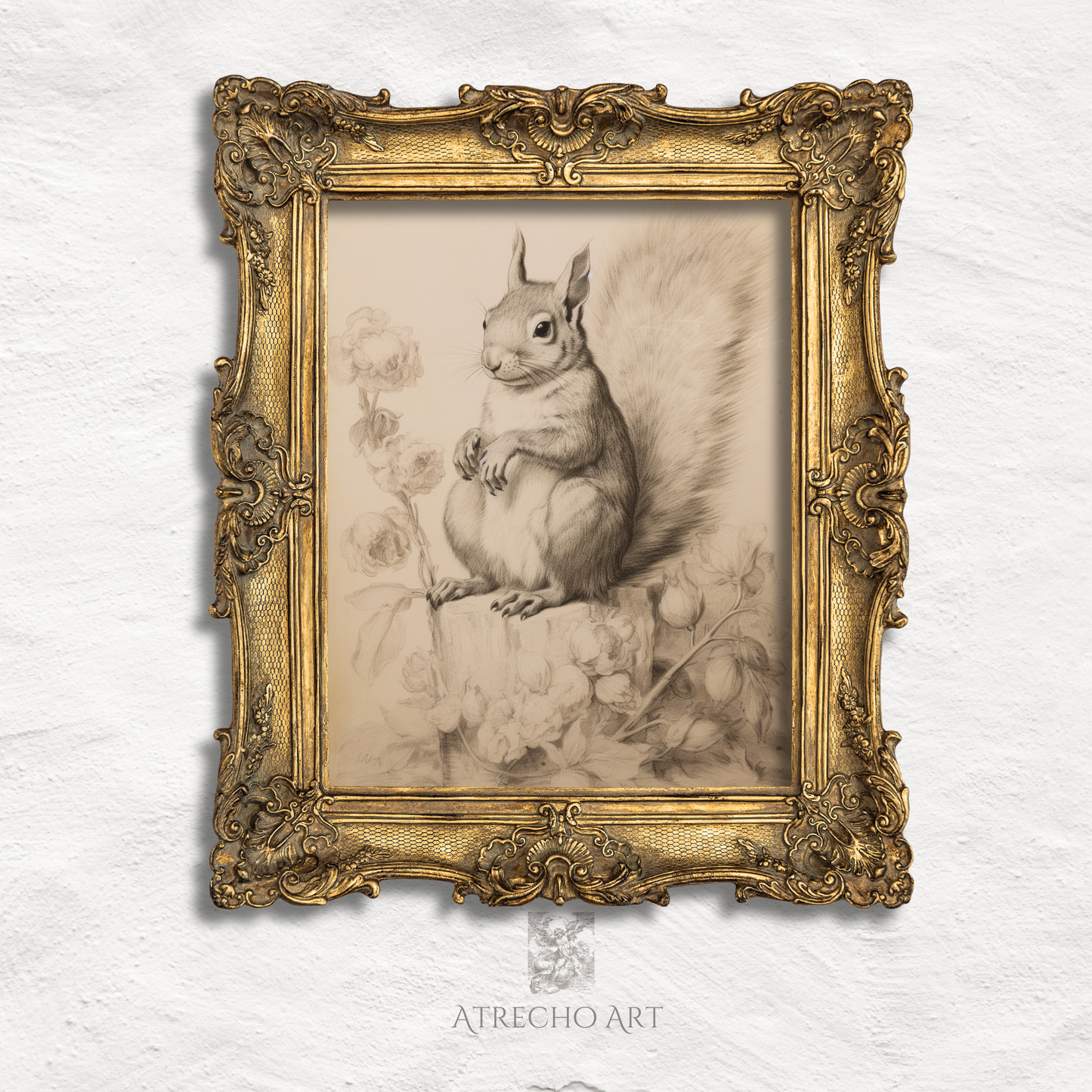 Red squirrel naturalist study in an ornate aged gold frame, antique wildlife wall art, by Atrecho Art