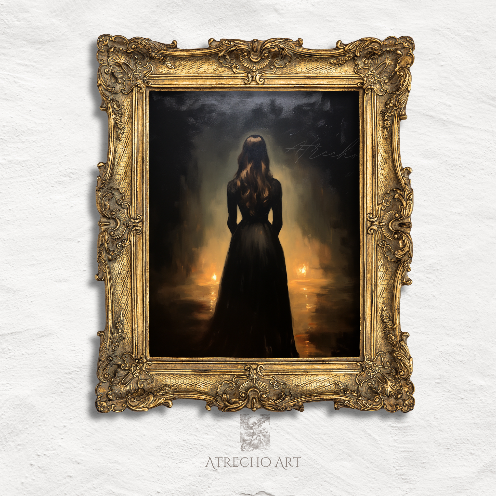 Fantasy witch art print displayed among a gallery wall of moody dark academic prints with ornate frames