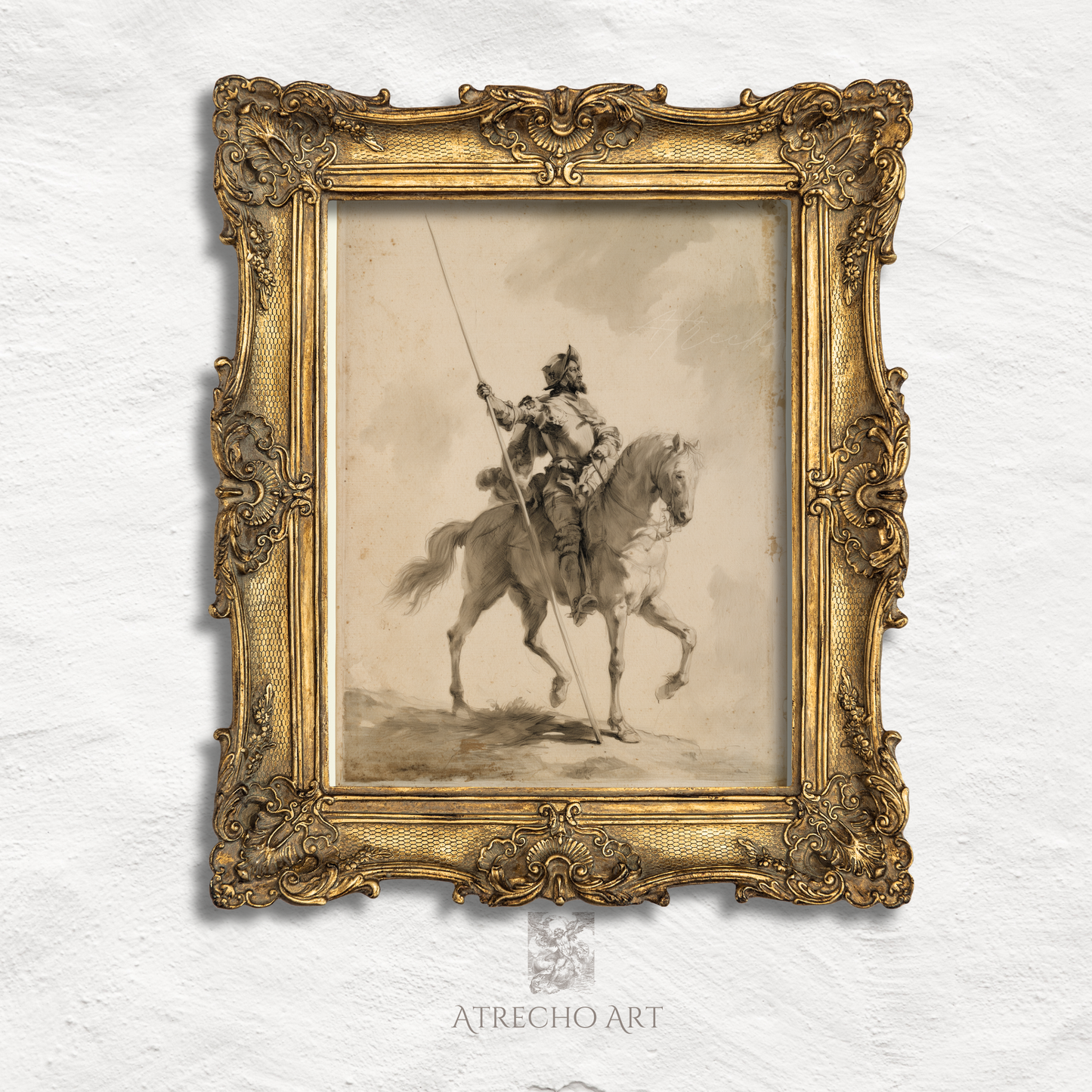 Don Quixote sepia print in an ornate aged-gold baroque frame, knight errant on horseback by Atrecho Art