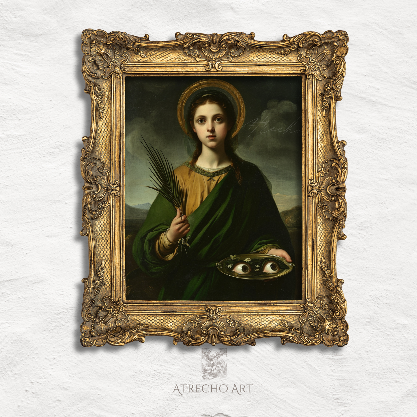 Saint Lucia art print in ornate gold baroque frame on white wall — opulent gilded frame Catholic saint portrait, RE21 by Atrecho Art