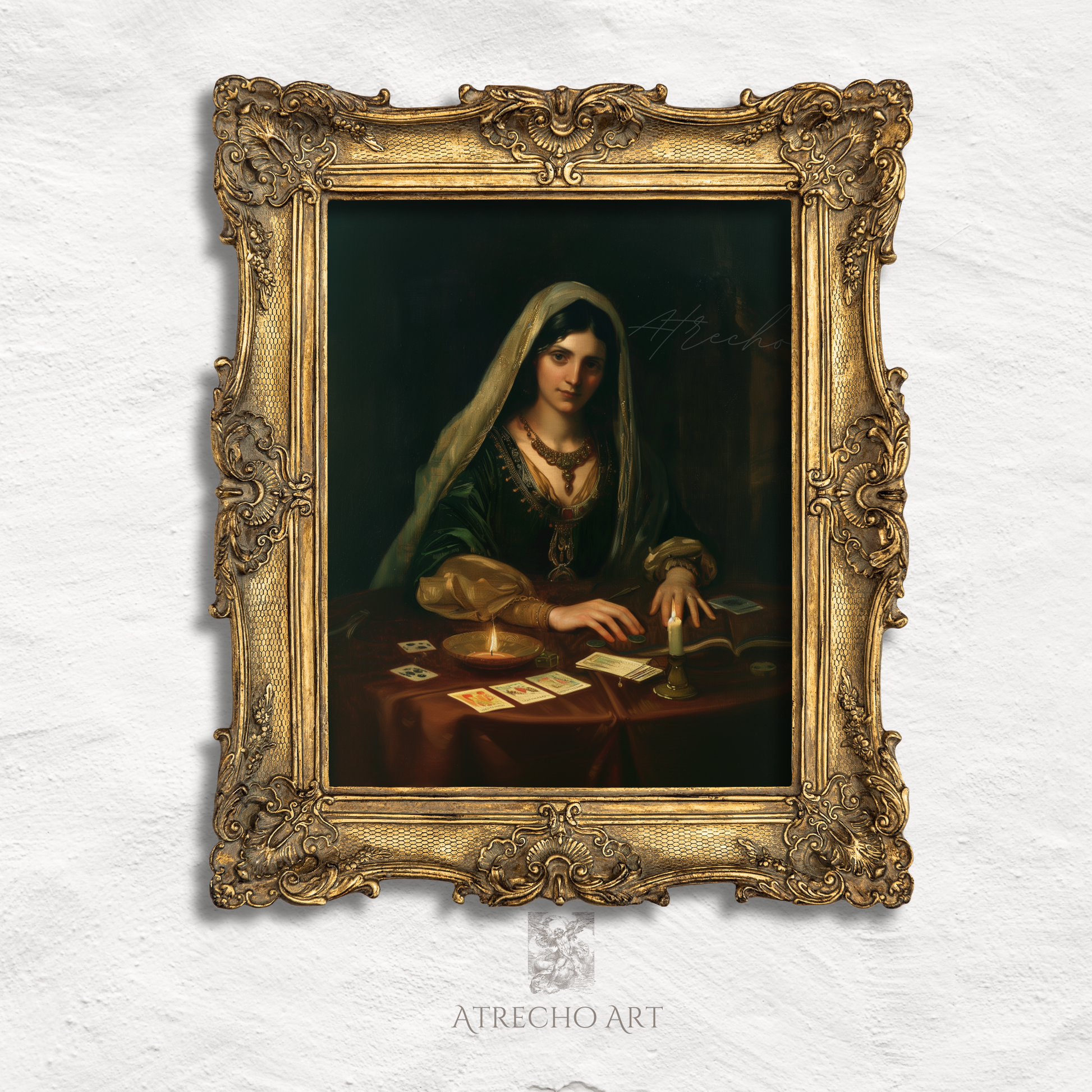 Fortune teller portrait artwork in candlelit baroque style, mystical dark cottagecore wall art for bohemian home decor