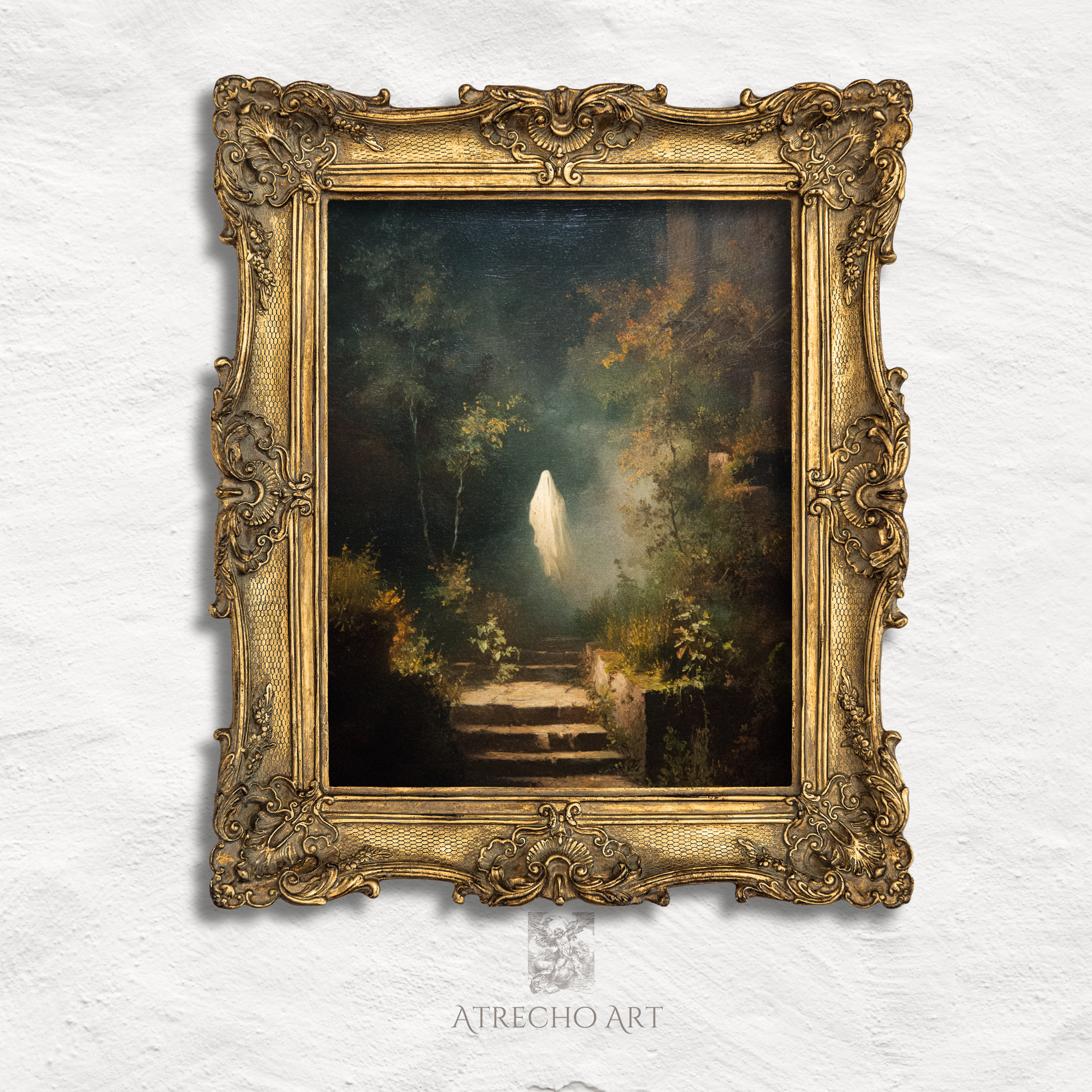 Ghost garden art print featuring ethereal white spirit ascending weathered stone steps in dark overgrown garden with golden autumn foliage and moody lighting