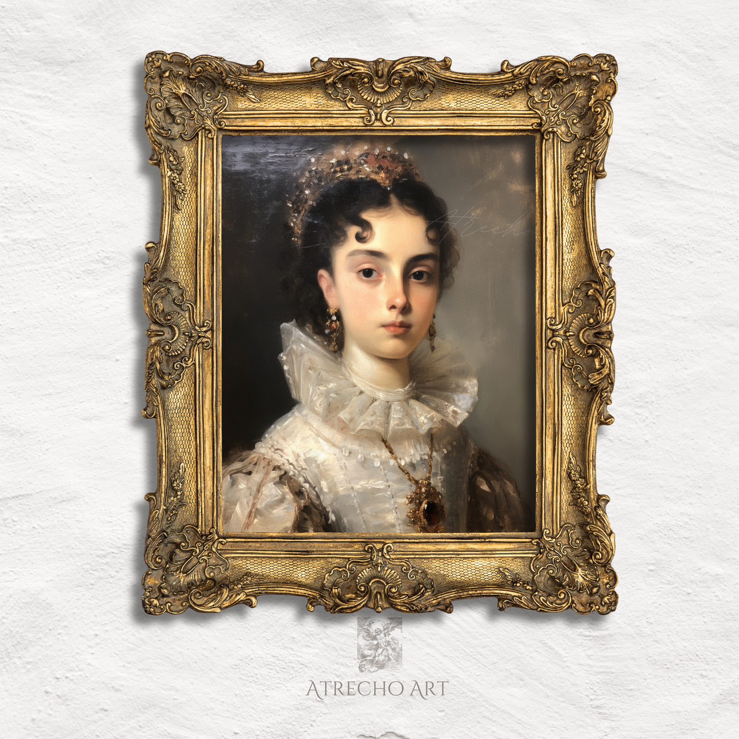 Classical noblewoman portrait with ornate jewelry and white Renaissance collar, museum-quality art print celebrating European heritage