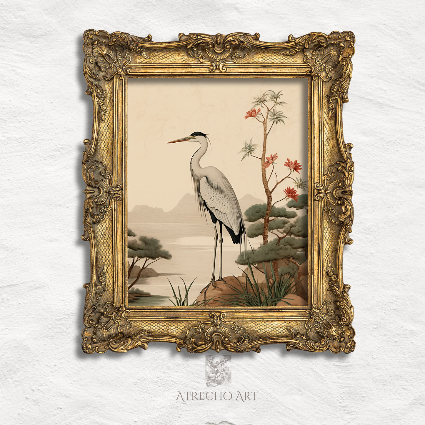 Vintage European-style heron bird illustration with autumn foliage and flowering branches in warm earth tones, perfect for cottage core and Old World Spanish inspired home decor