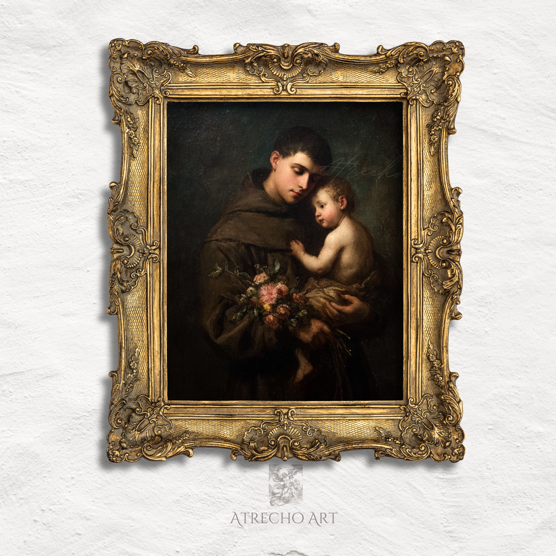 Saint Anthony of Padua print in multiple sizes flat laid on aged wood — archival matte Catholic art print, vertical portrait format