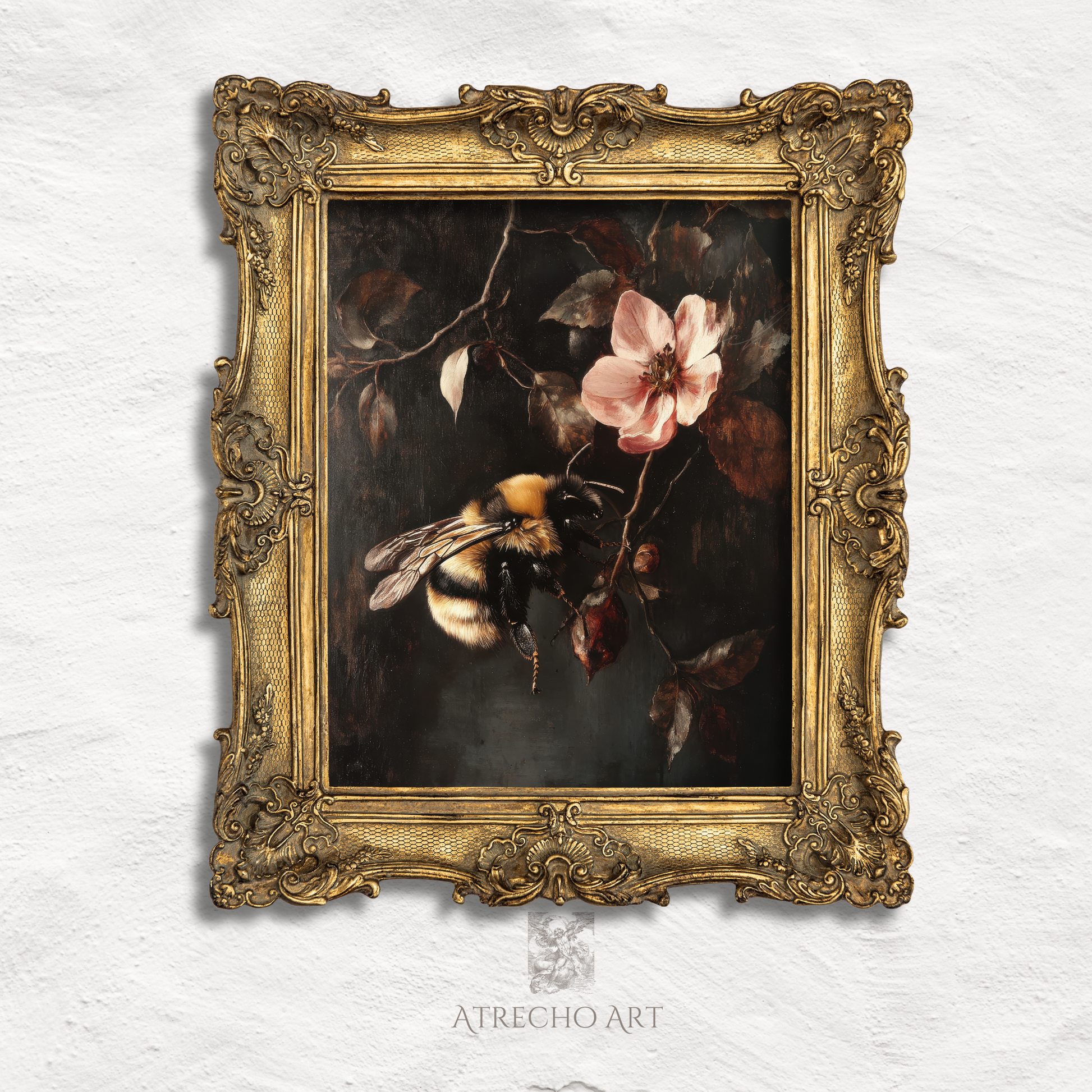 Vintage-style botanical illustration of bee with colorful wildflowers on dark atmospheric background