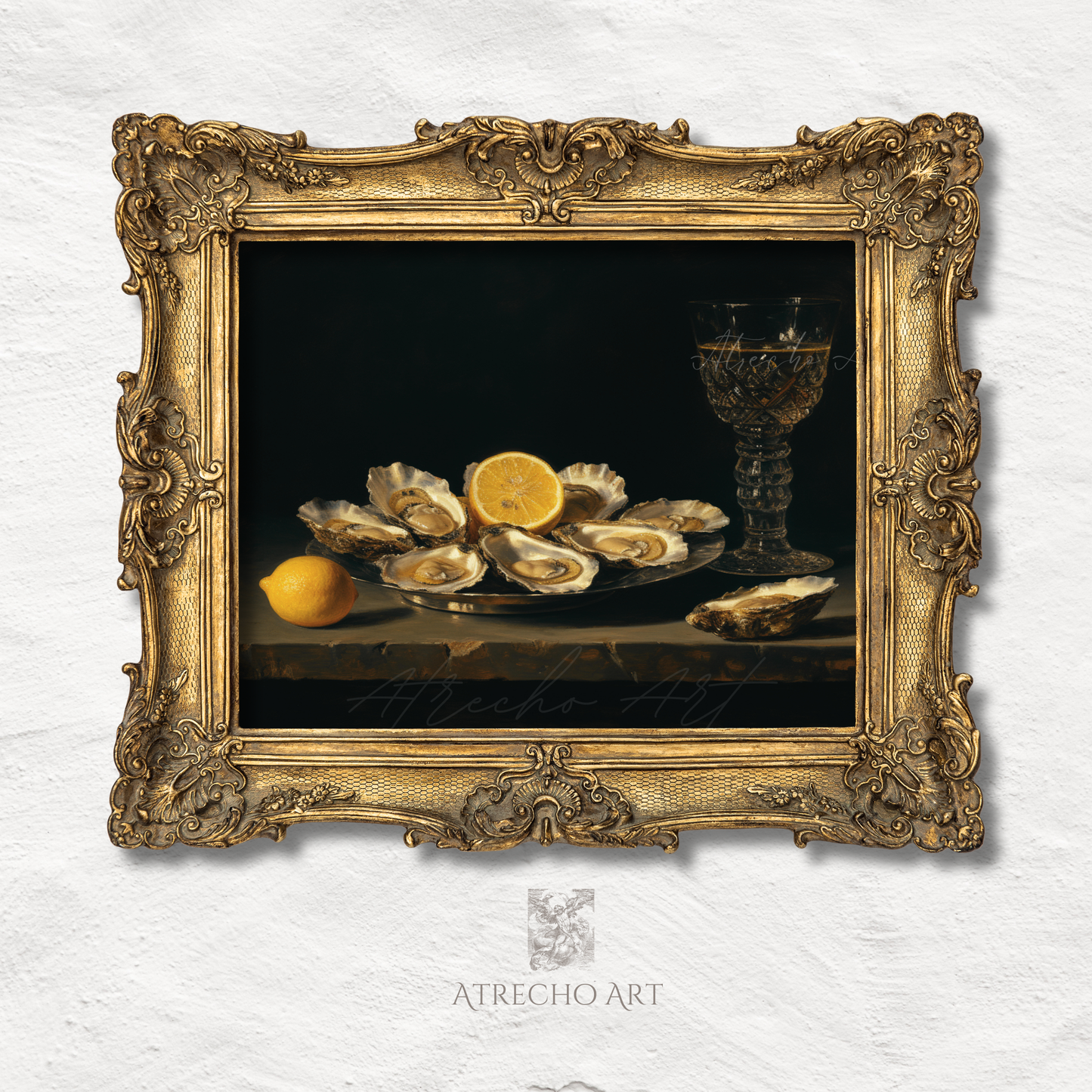Oysters still life art print in ornate gilded baroque frame — Old Master food art print by Atrecho Art