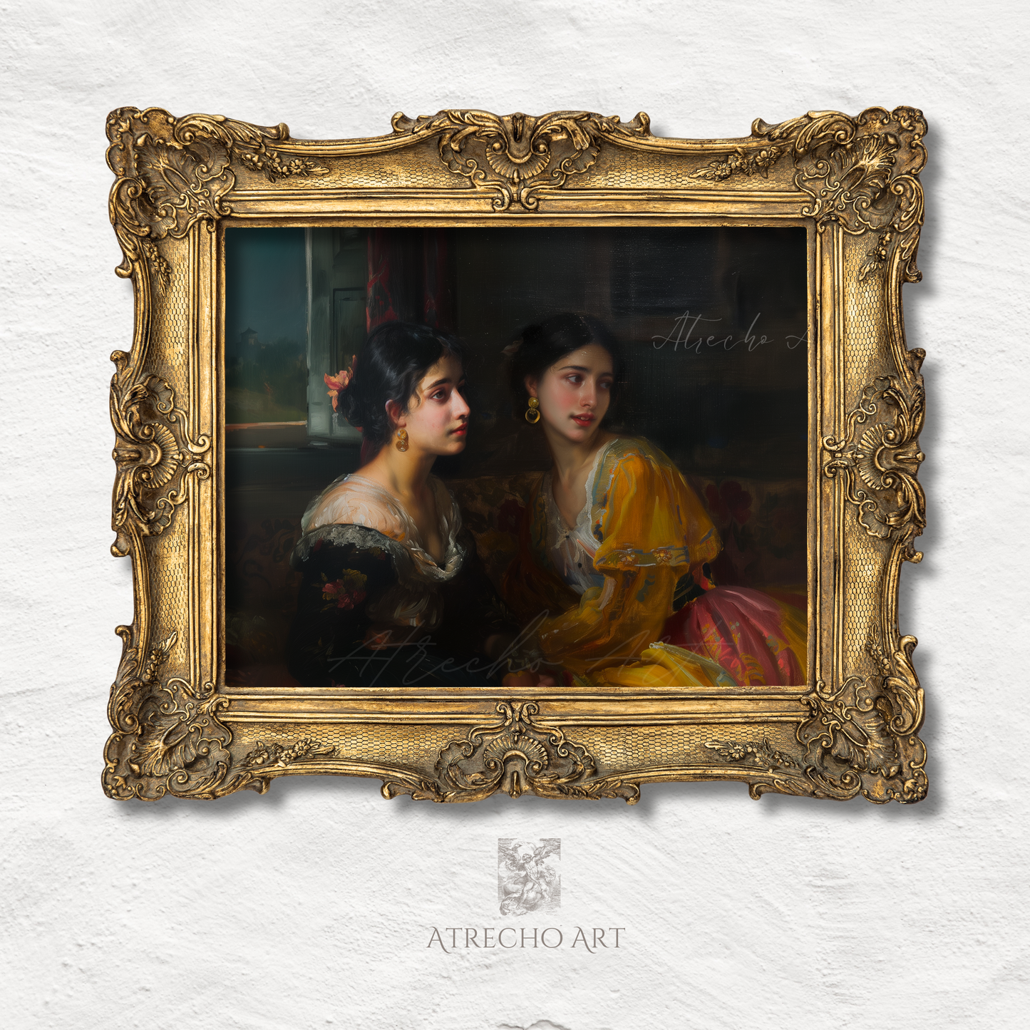 The Dancers Spanish classical portrait print showing two elegant women in 19th century period dress perfect for dark academia wall decor
