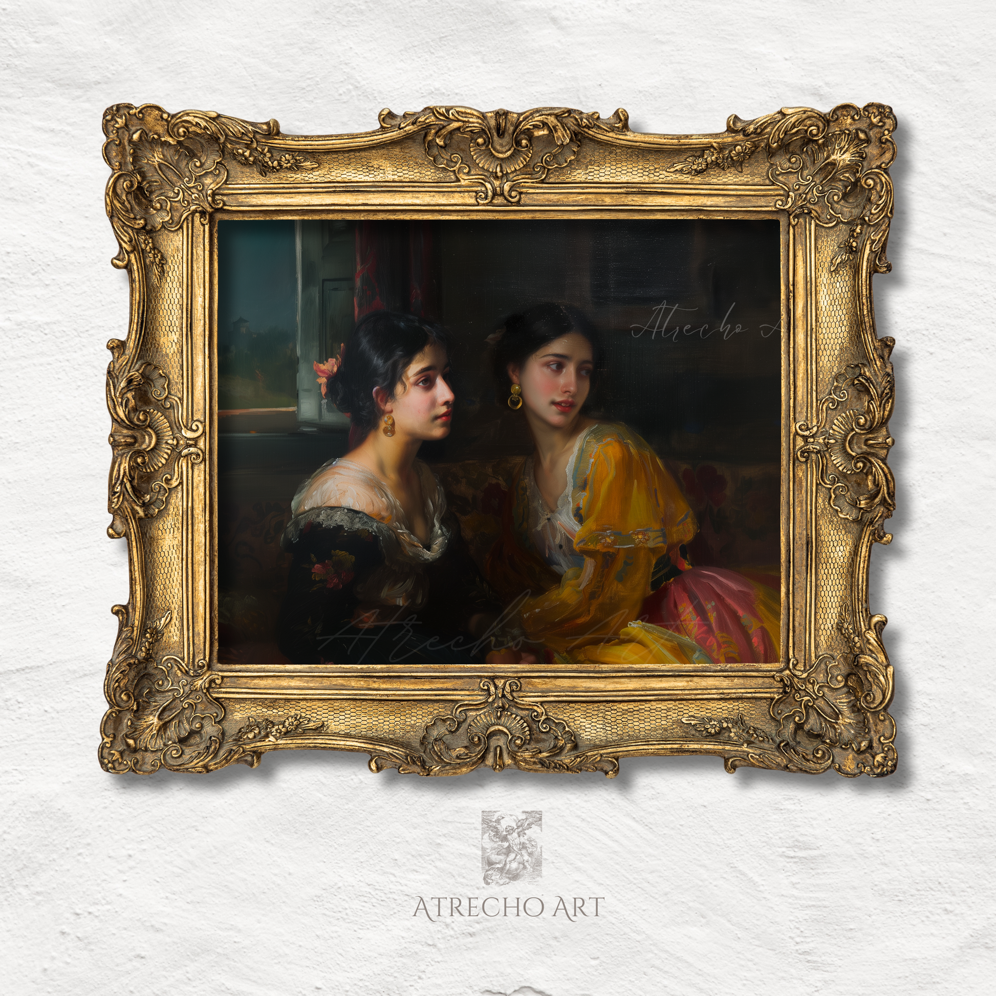 The Dancers Spanish classical portrait print showing two elegant women in 19th century period dress perfect for dark academia wall decor