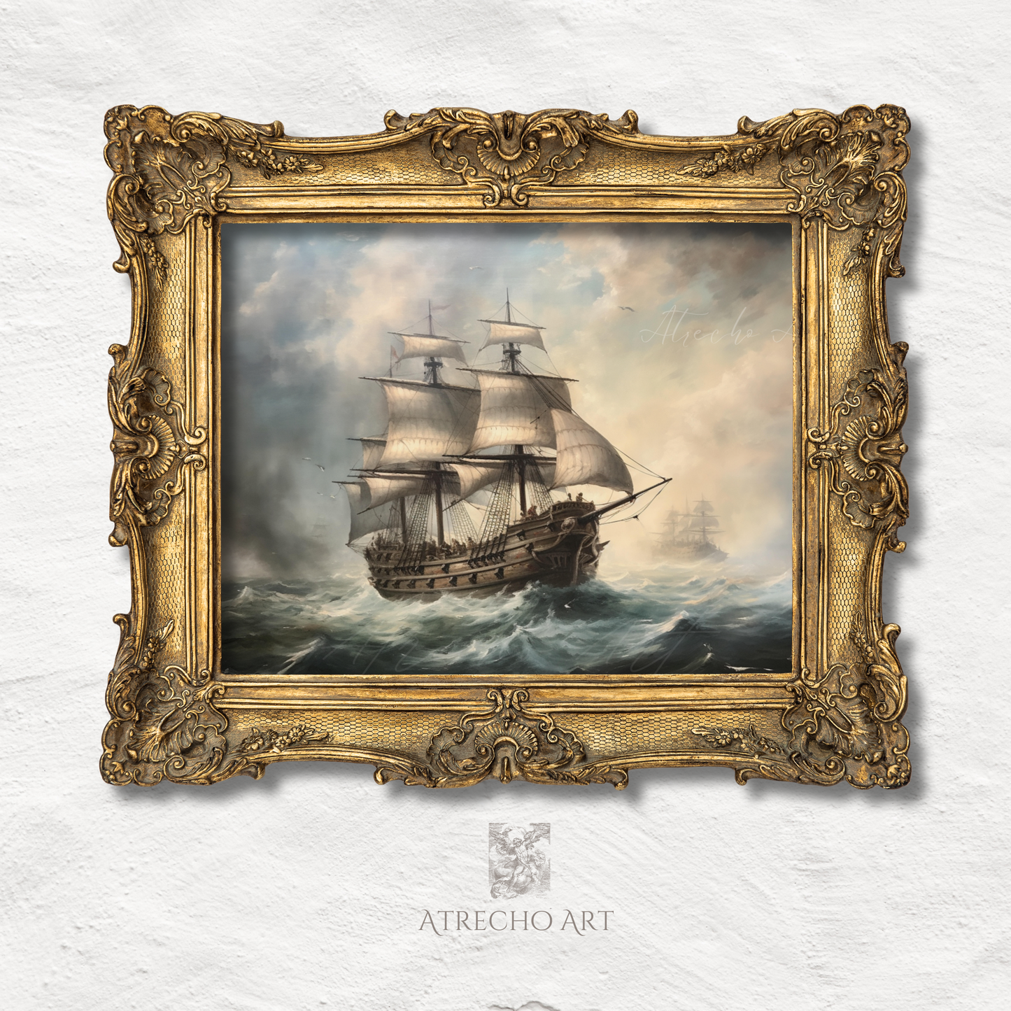 Galleon print — vintage tall ship on stormy seas, Old World maritime oil painting art by Atrecho Art, NA26