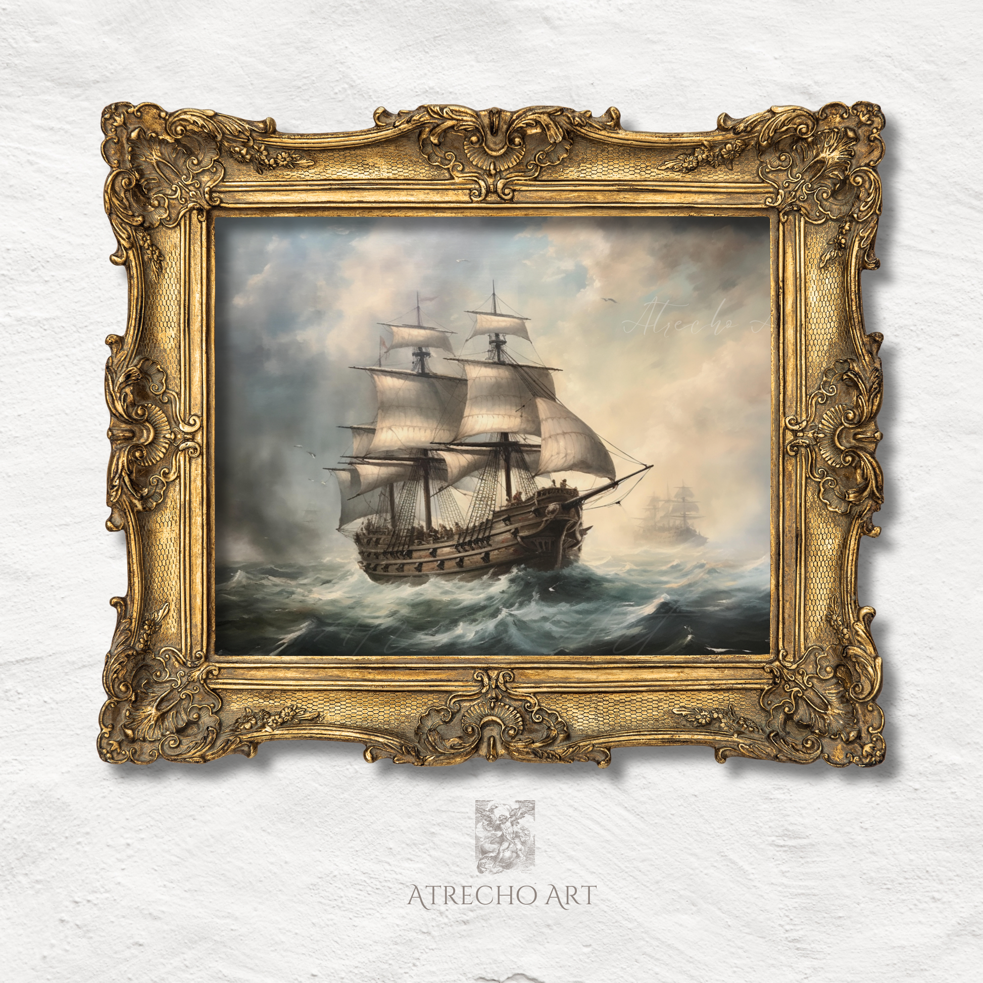 Galleon print — vintage tall ship on stormy seas, Old World maritime oil painting art by Atrecho Art, NA26