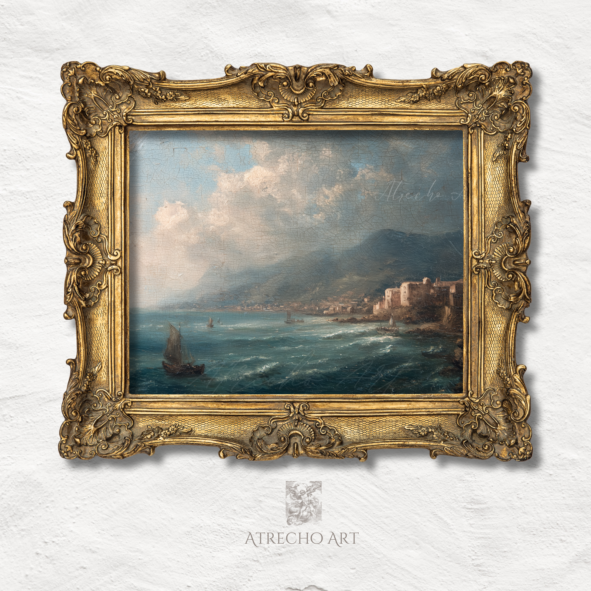 Coastal town art print in an ornate gilded baroque frame — deep teal
harbor, warm stone village, vintage Old World seascape print