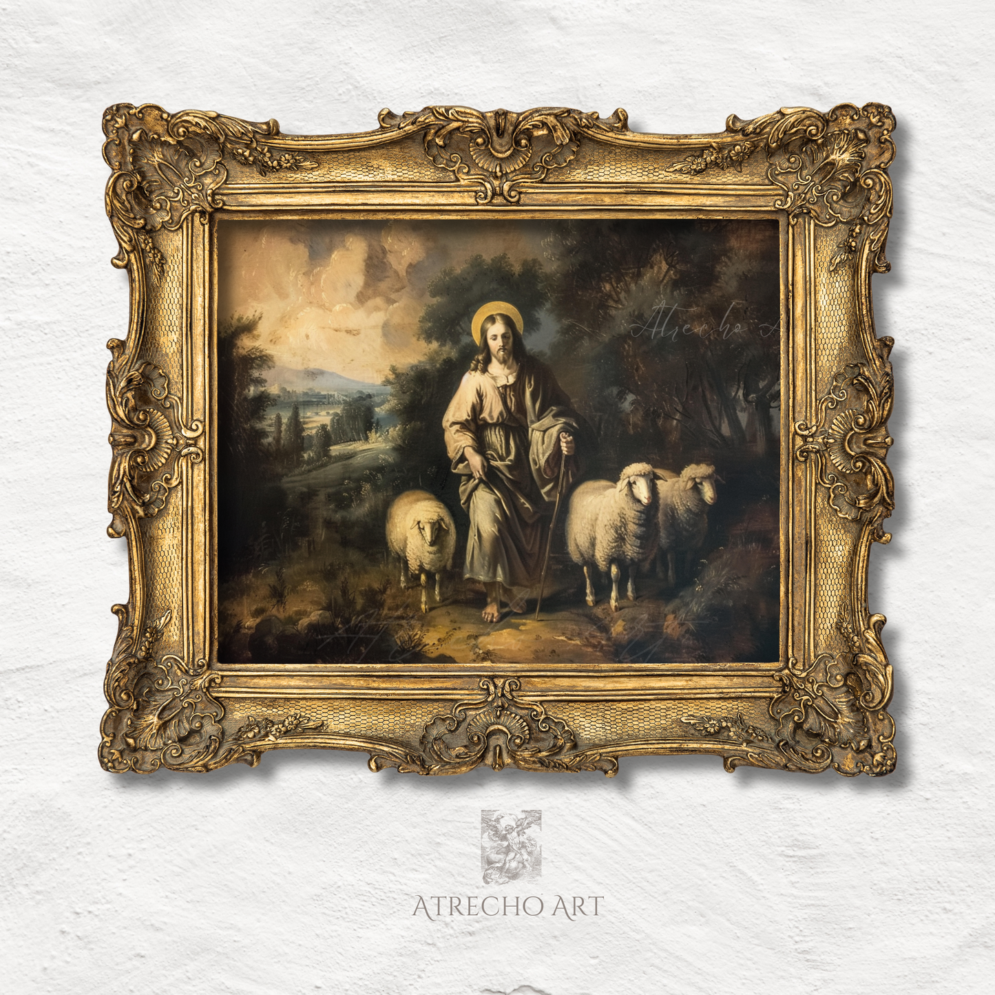 Classical religious art print of The Lord is My Shepherd featuring a robed figure with golden halo standing with sheep in pastoral European landscape with atmospheric Old Masters painting style