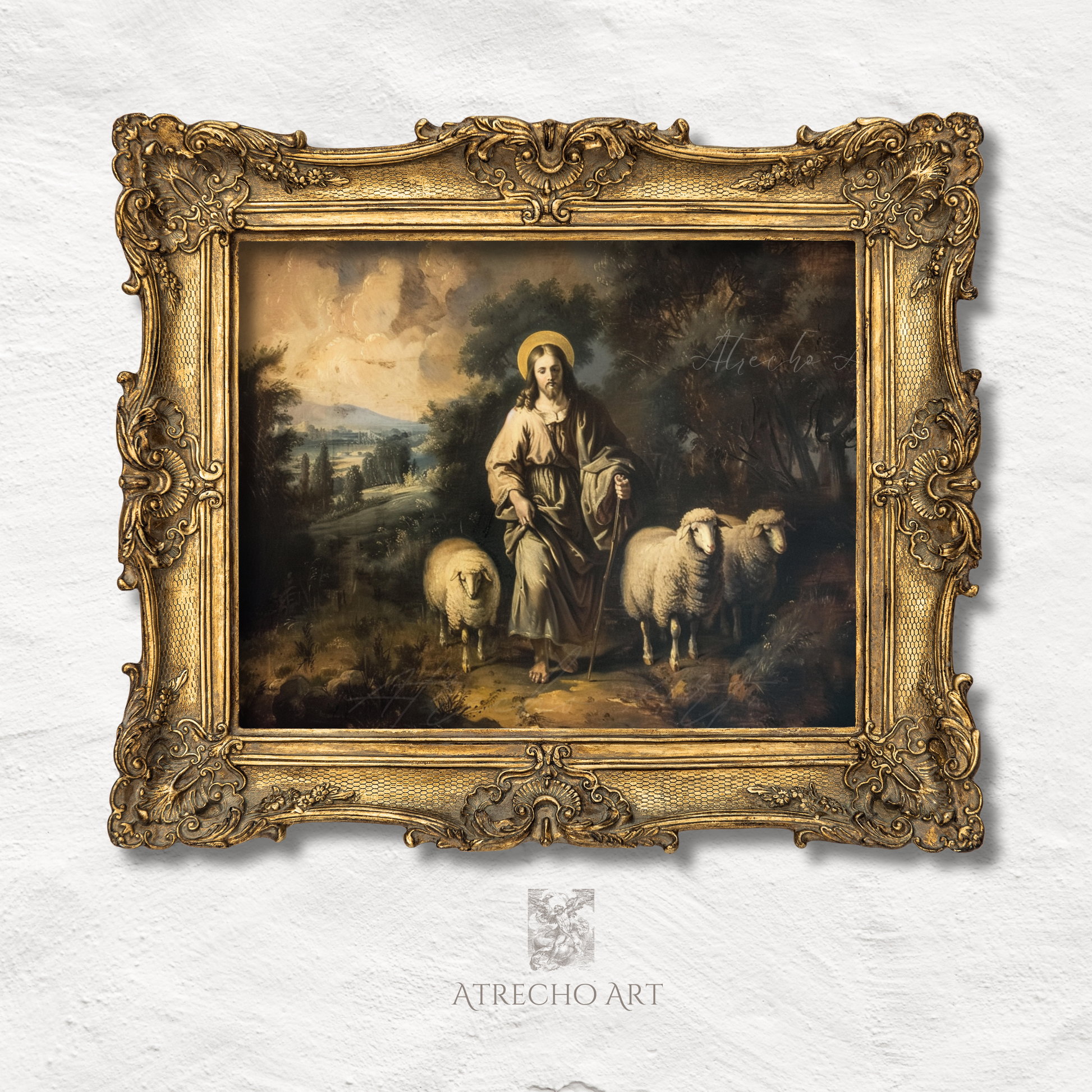 Classical religious art print of The Lord is My Shepherd featuring a robed figure with golden halo standing with sheep in pastoral European landscape with atmospheric Old Masters painting style