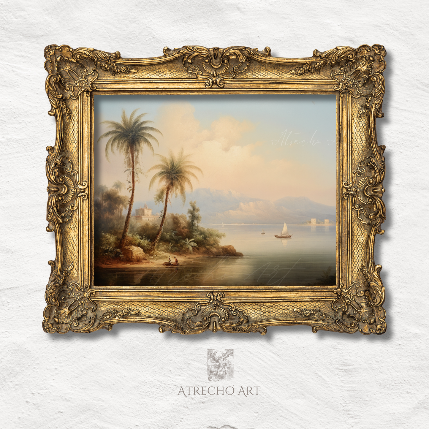 Italianate bay landscape print in an ornate gilt wood frame with a wide ecru mat, by Atrecho Art