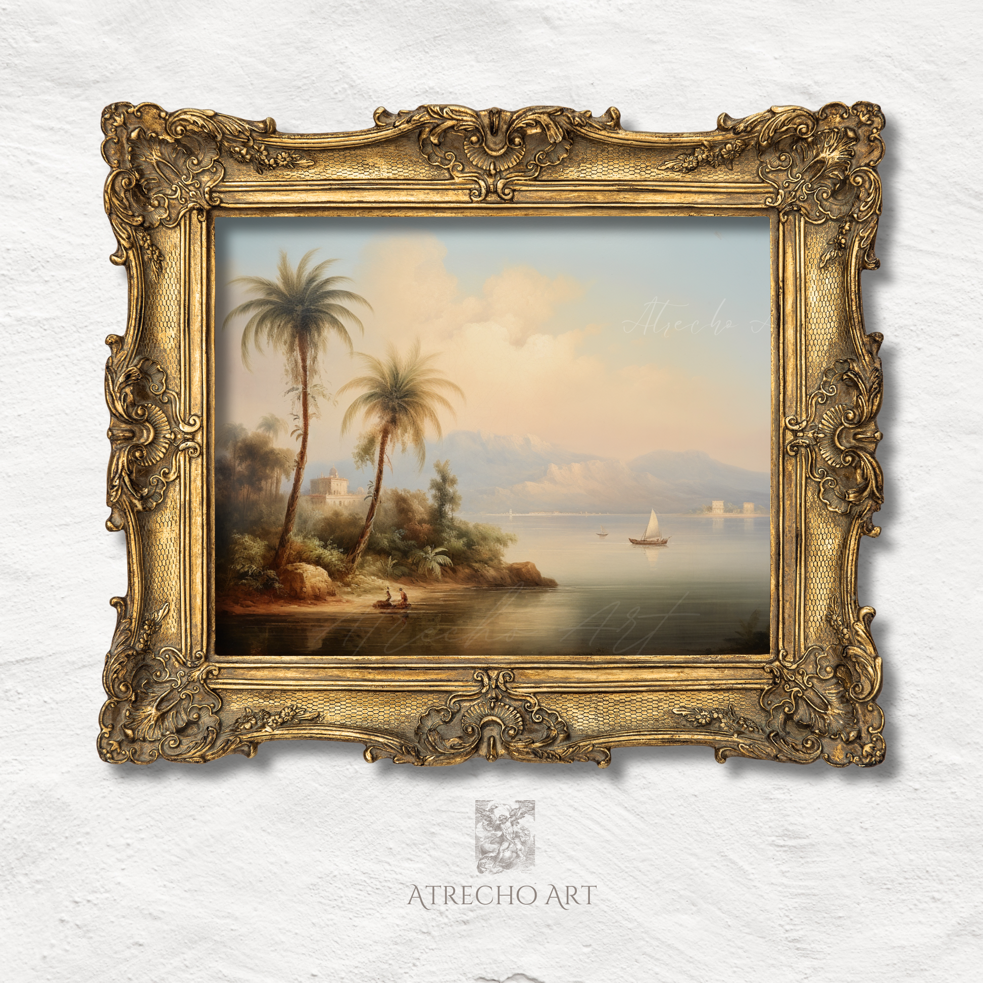 Italianate bay landscape print in an ornate gilt wood frame with a wide ecru mat, by Atrecho Art