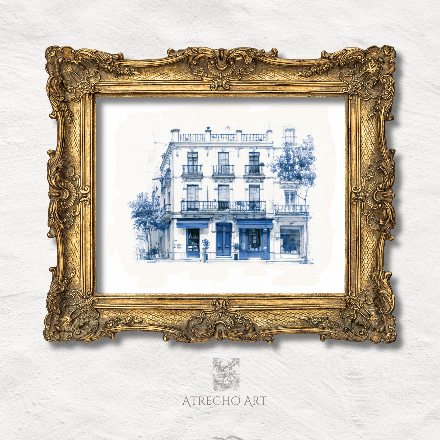 Blue ink apartments print in an ornate wood frame, decorative moulding around the architectural sketch by Atrecho Art