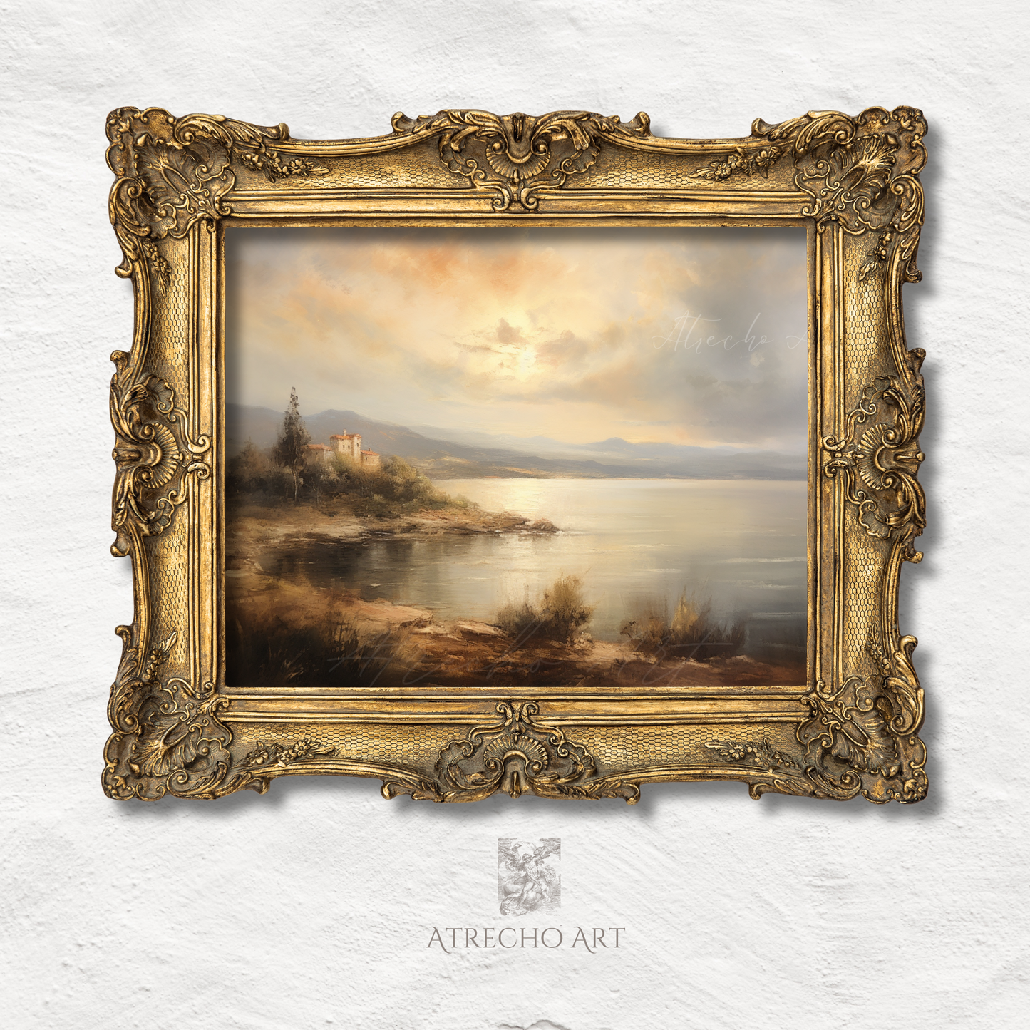 Vintage atmospheric lake landscape print with golden hour lighting and misty romantic scenery for light academia decor