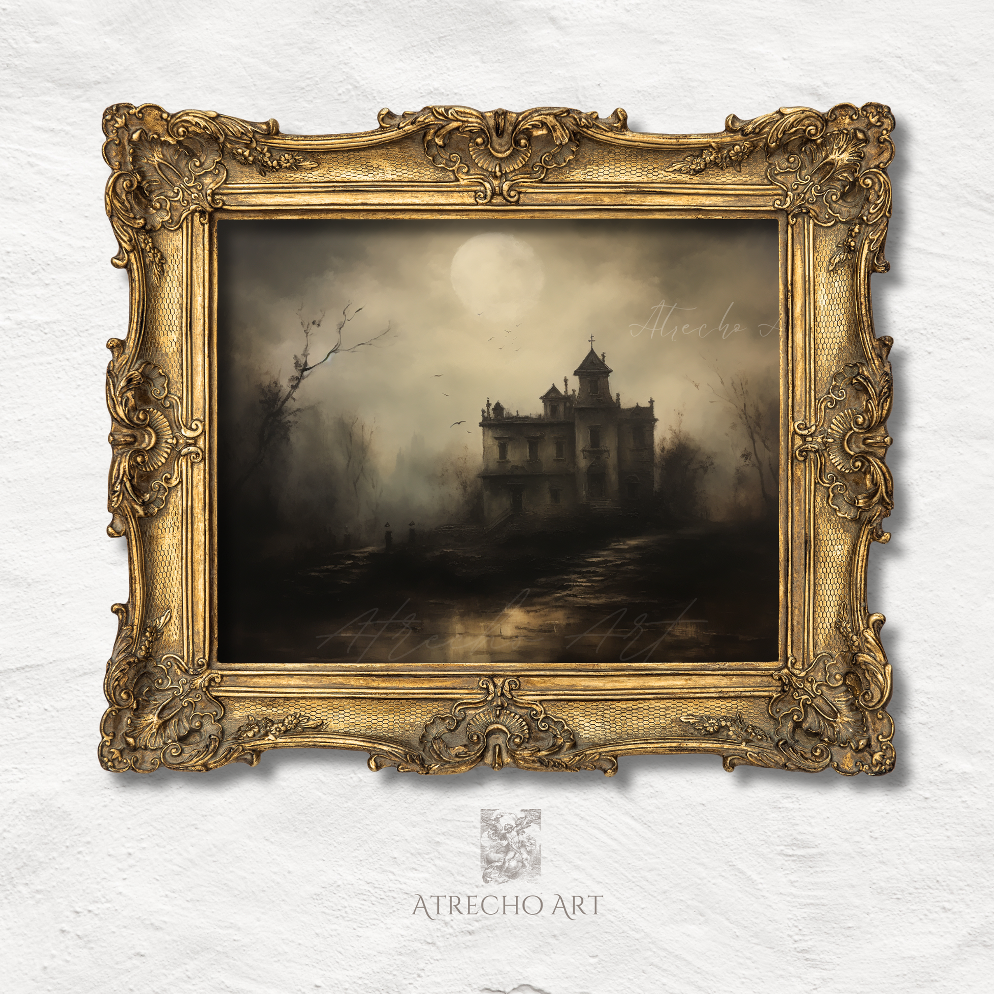 Haunted mansion nocturne in an ornate wood frame, luminous full moon over fog, gothic wall art by Atrecho Art