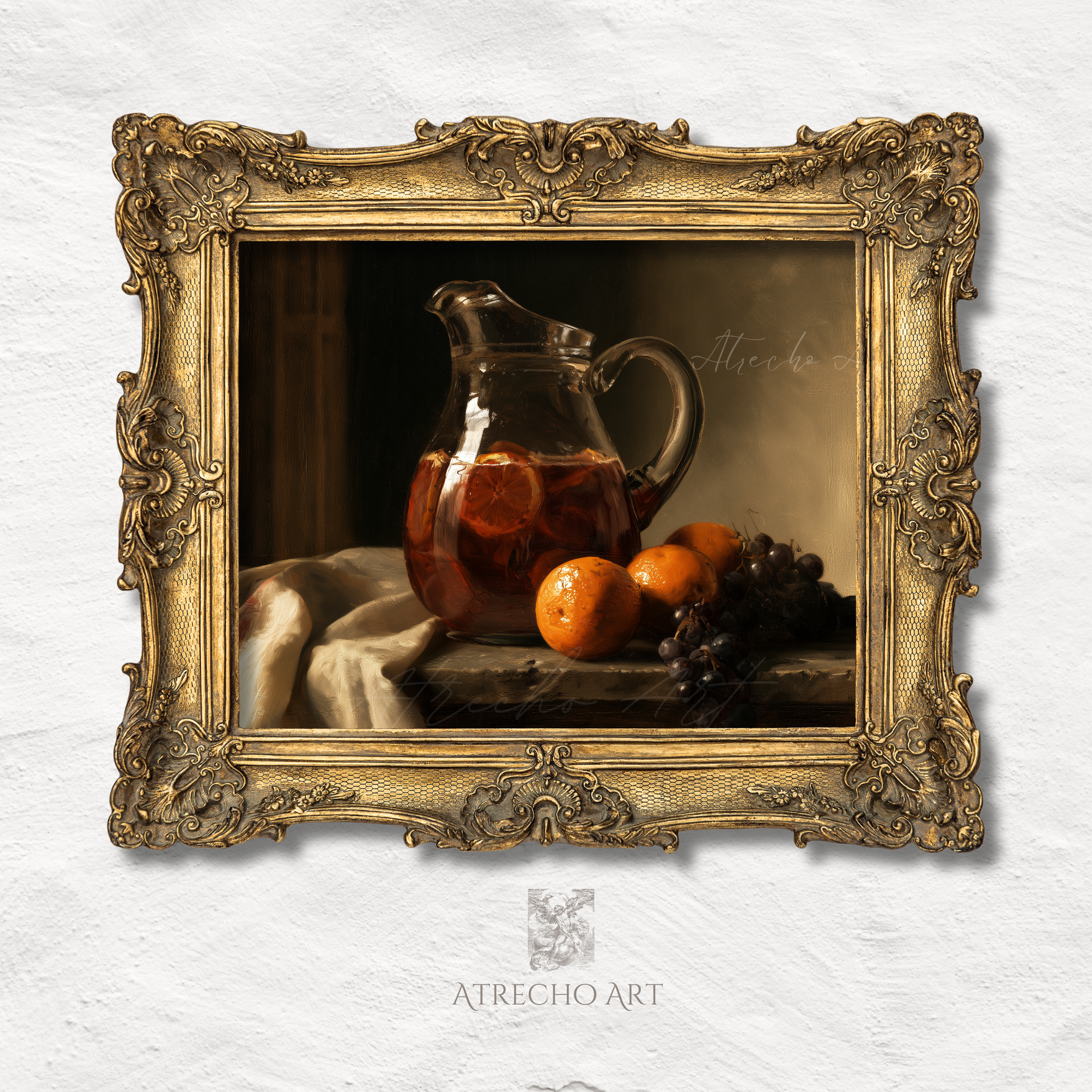 Sangria still life print in an ornate aged gold frame, Spanish Baroque wine scene by Atrecho Art