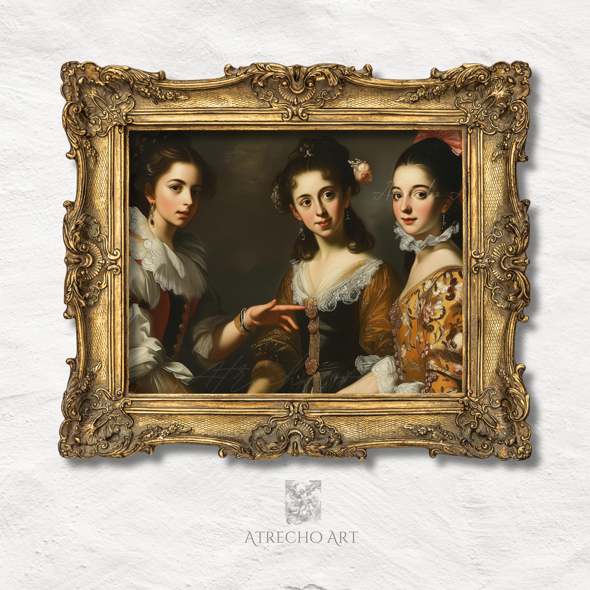 Baroque portrait print of three women in ornate gold carved frame — classical feminine rococo wall art by Atrecho Art