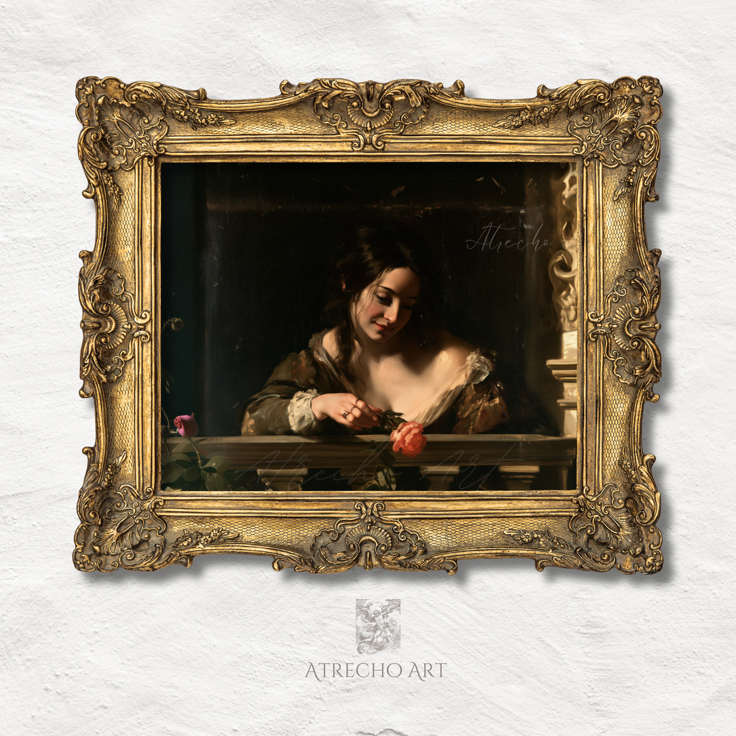 Young woman on a balcony print in an ornate gilded wood frame, glowing chiaroscuro Old Master portrait, by Atrecho Art