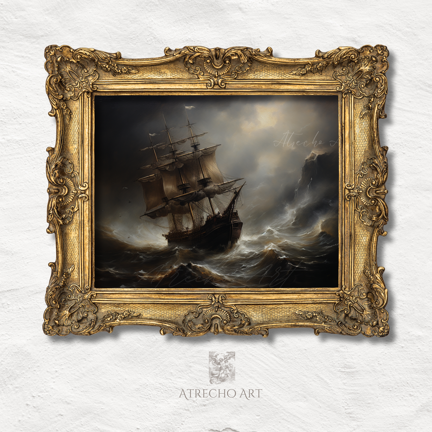 Dramatic stormy sea art print featuring Spanish galleon ship battling turbulent ocean waves under moody storm clouds with golden light breaking through