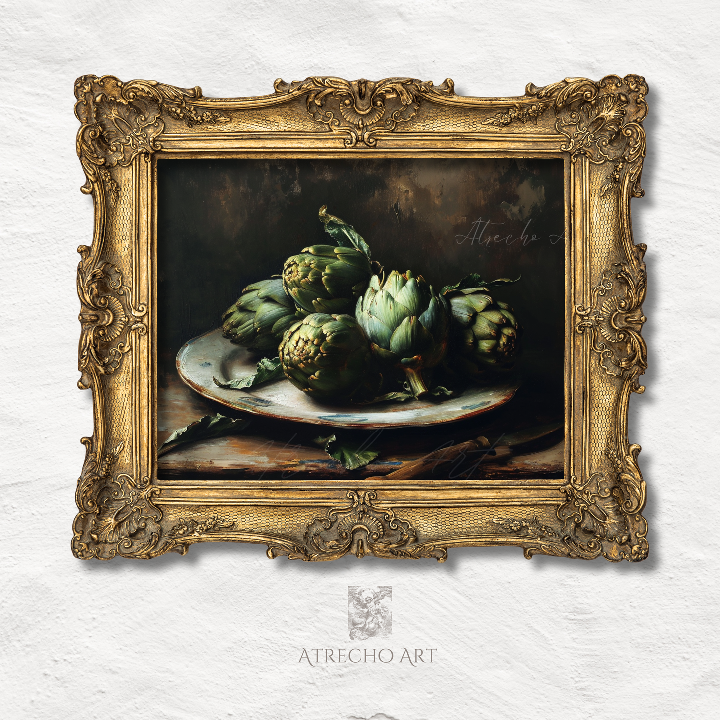 Vintage artichoke still life art print showing fresh green artichokes with one white flower on weathered ceramic plate against dark background