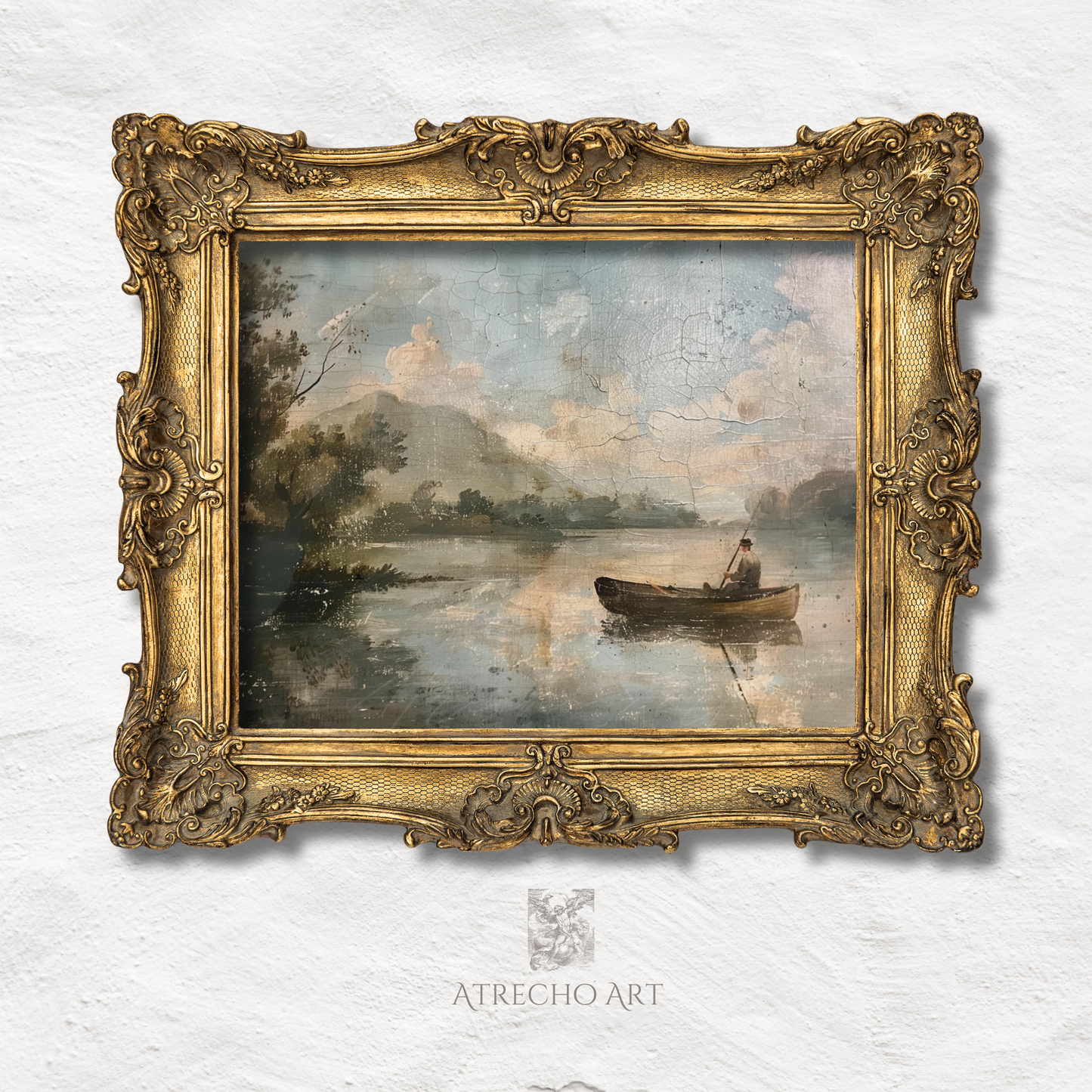 Fisherman rowboat lake scene in aged gold baroque frame — European Romantic landscape with soft morning light