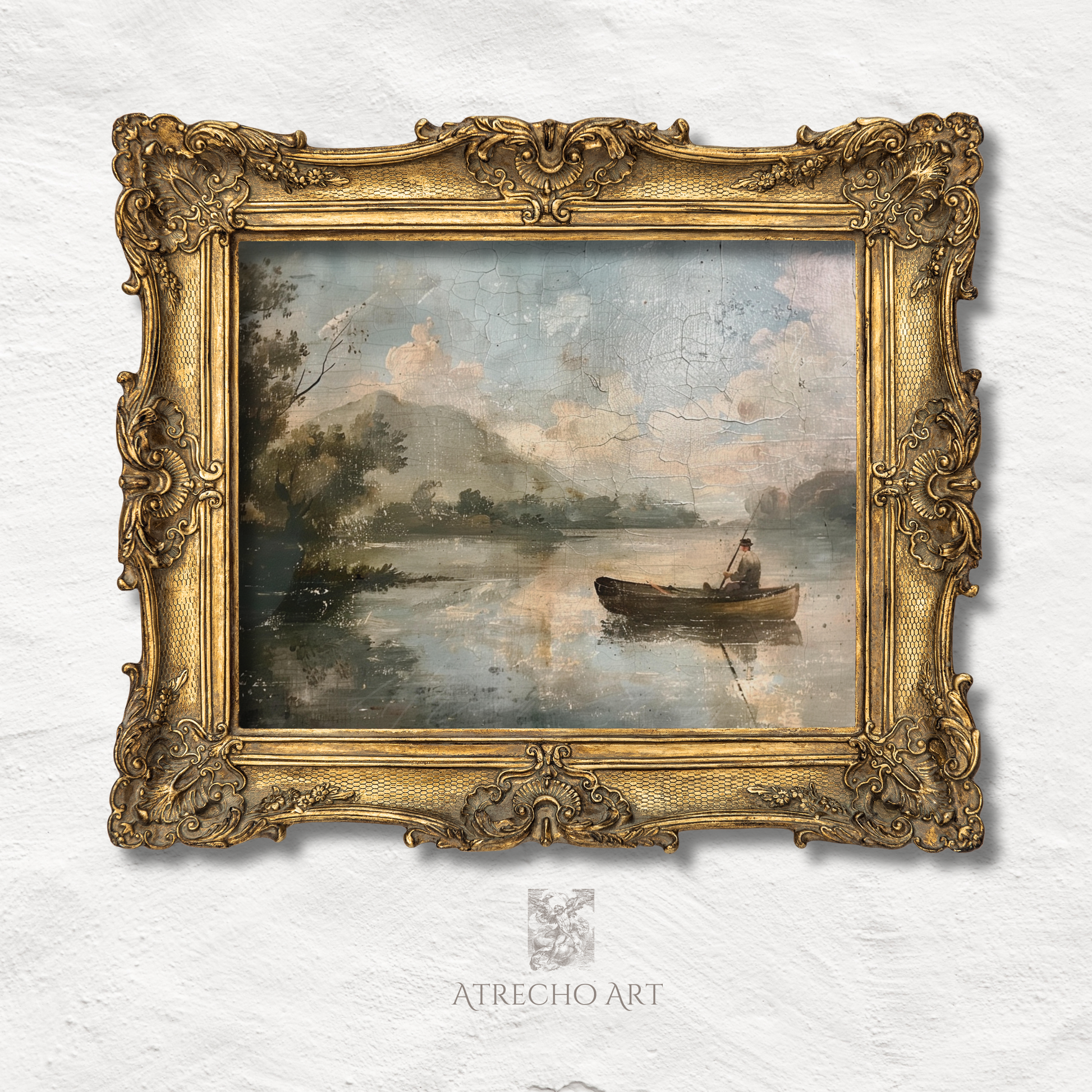Fisherman rowboat lake scene in aged gold baroque frame — European Romantic landscape with soft morning light