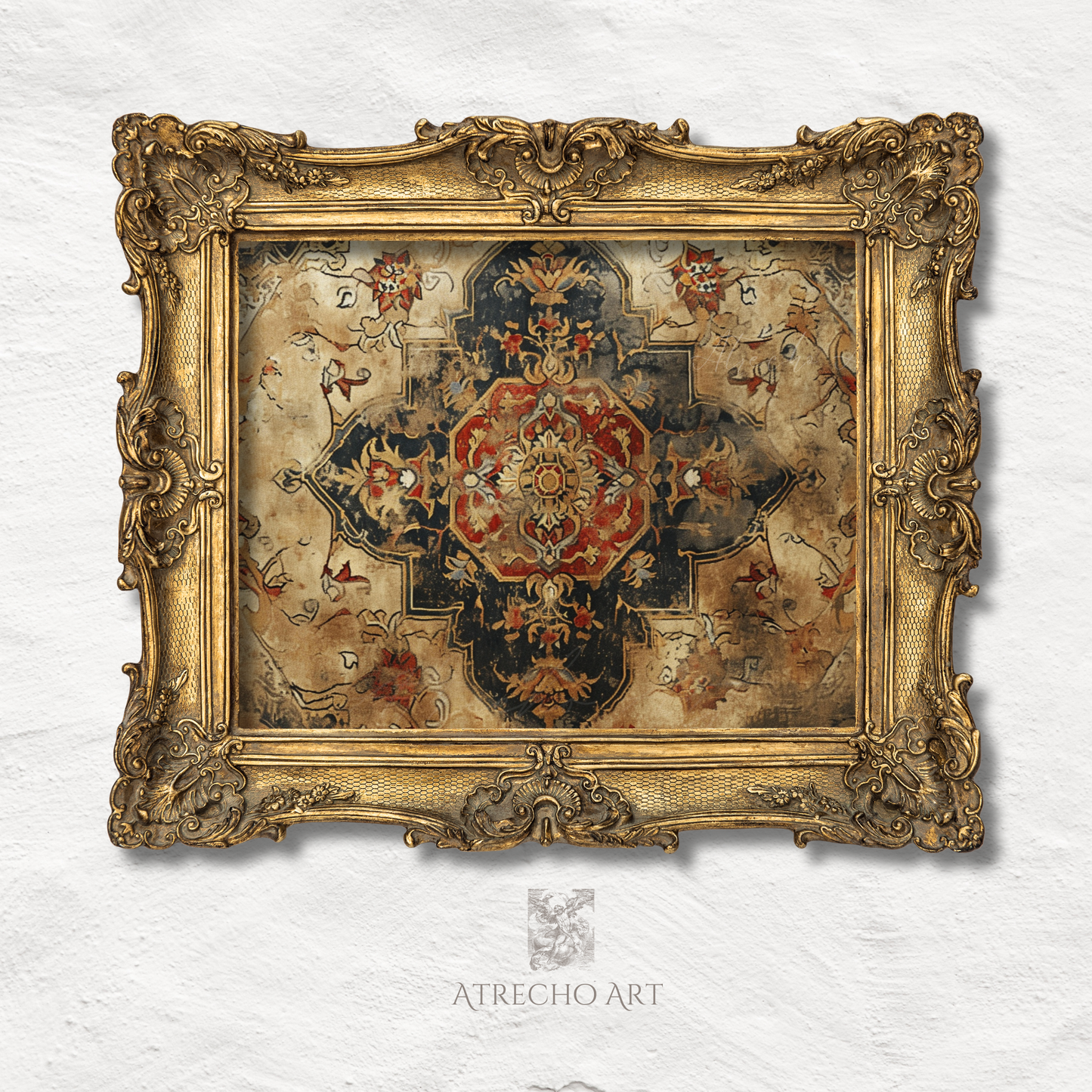 Antique carpet print in an ornate wood frame with a cream mat, faded Old World medallion design, by Atrecho Art