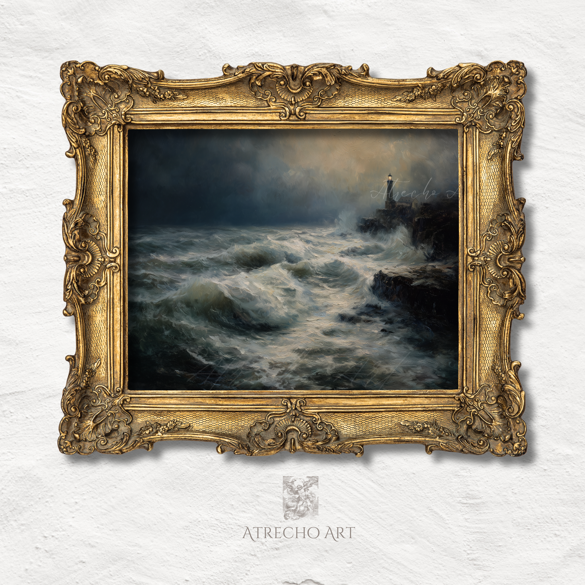 Lighthouse seascape in ornate gilded baroque frame — dramatic storm coast, archival quality matte finish, NA02 by Atrecho Art
