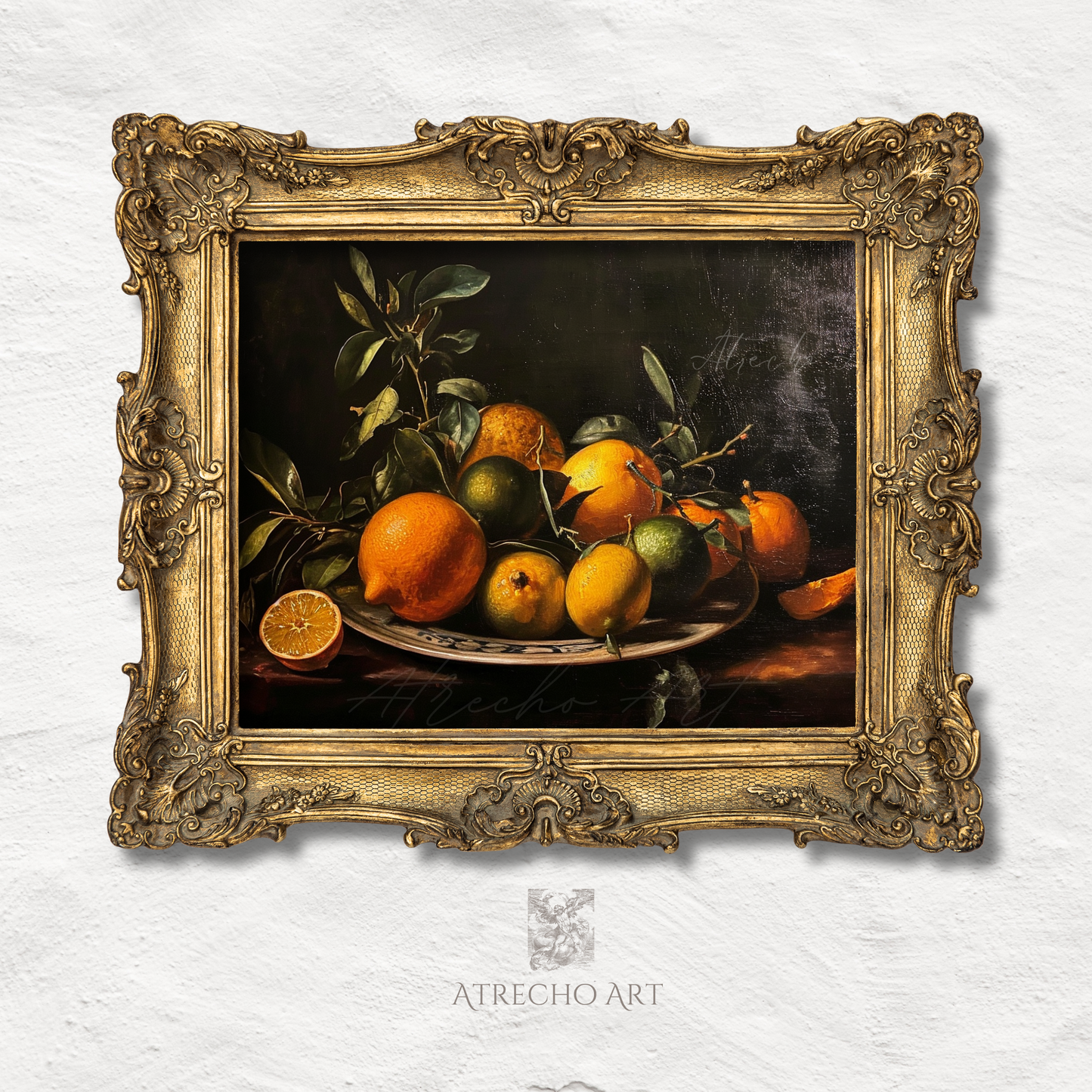 Spanish citrus art print featuring Valencian oranges, lemons and limes on pewter platter with green leaves in classical Baroque still life style against dark background