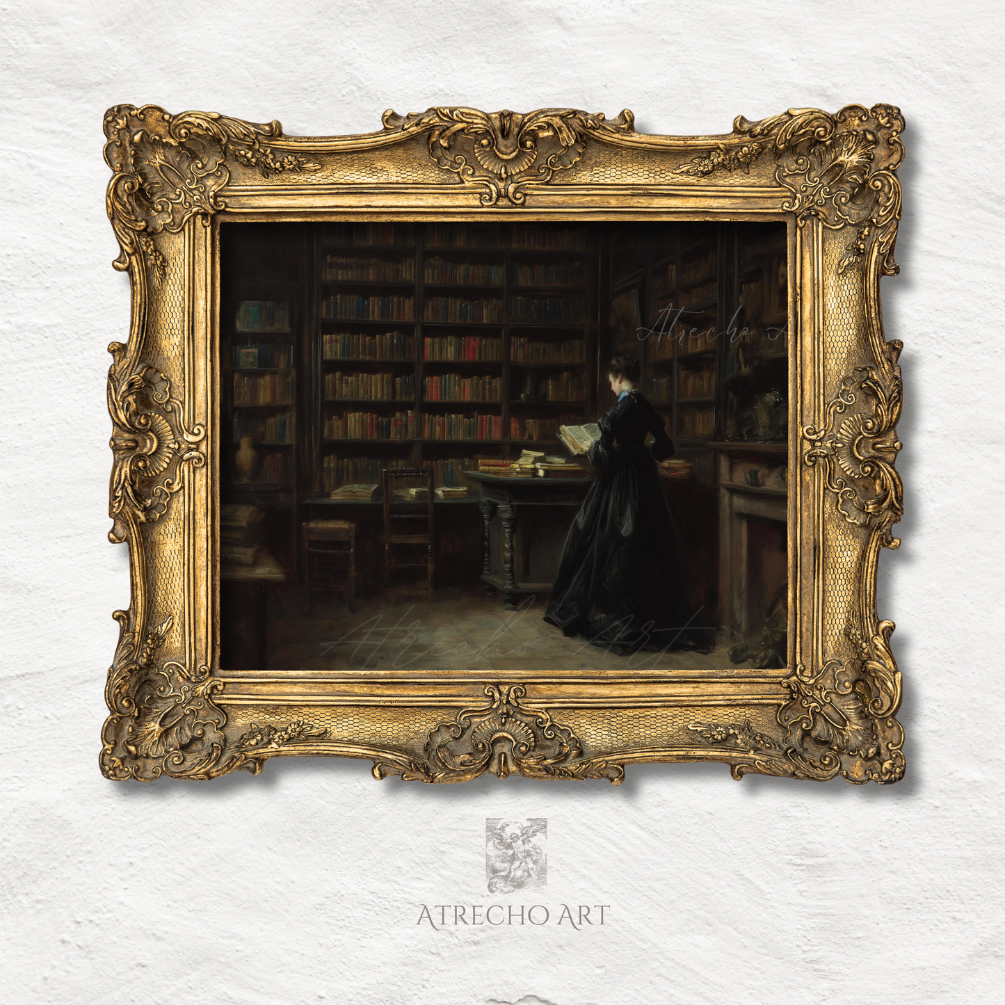 Dark academia library print of Victorian woman reading among floor-to-ceiling bookshelves, archival quality 