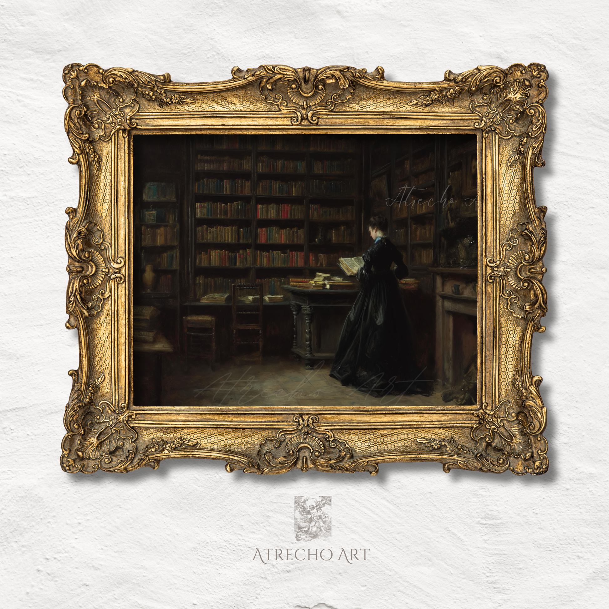 Dark academia library print of Victorian woman reading among floor-to-ceiling bookshelves, archival quality 