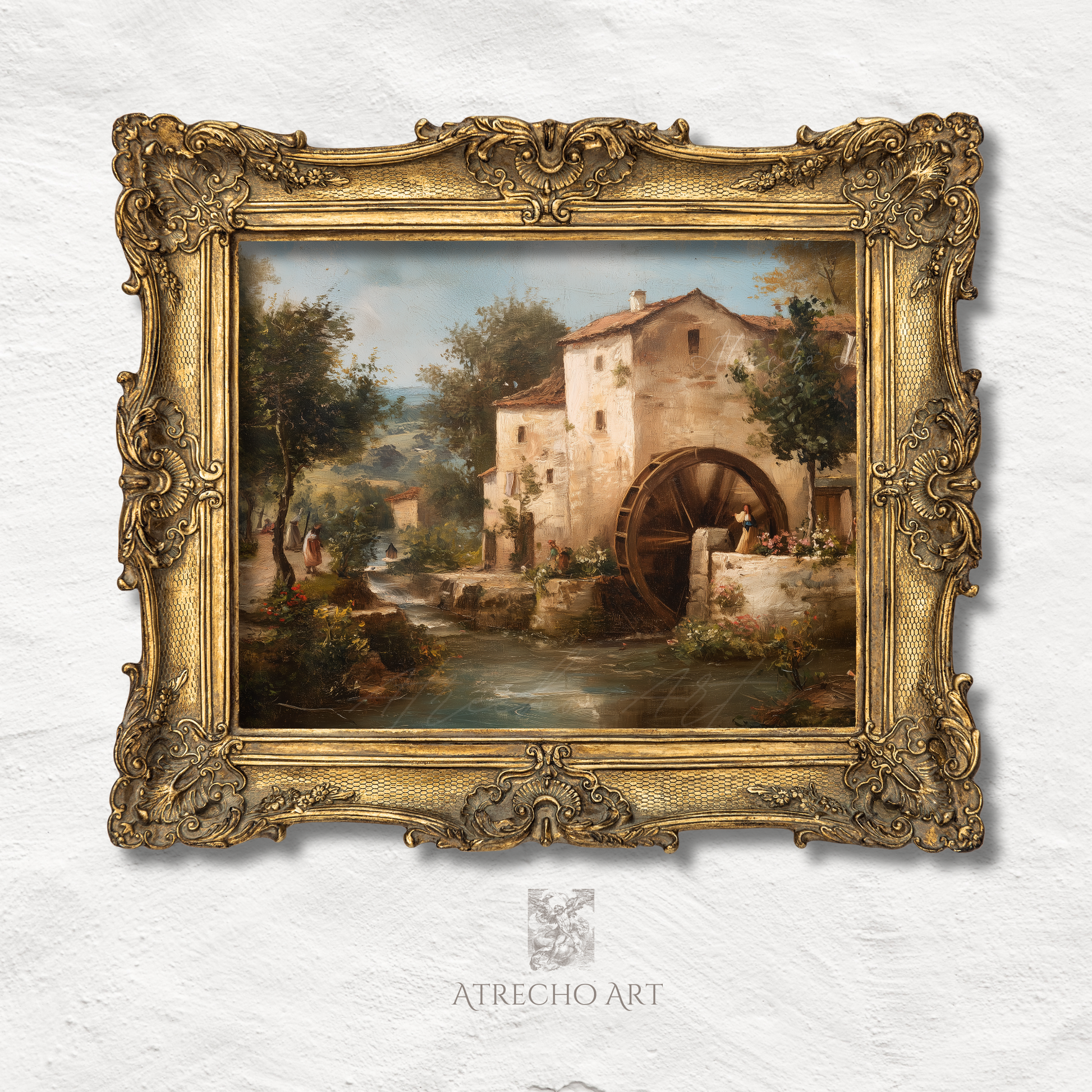 European countryside watermill art print in ornate aged gold frame — Tuscan aesthetic landscape, Old Master style wall art