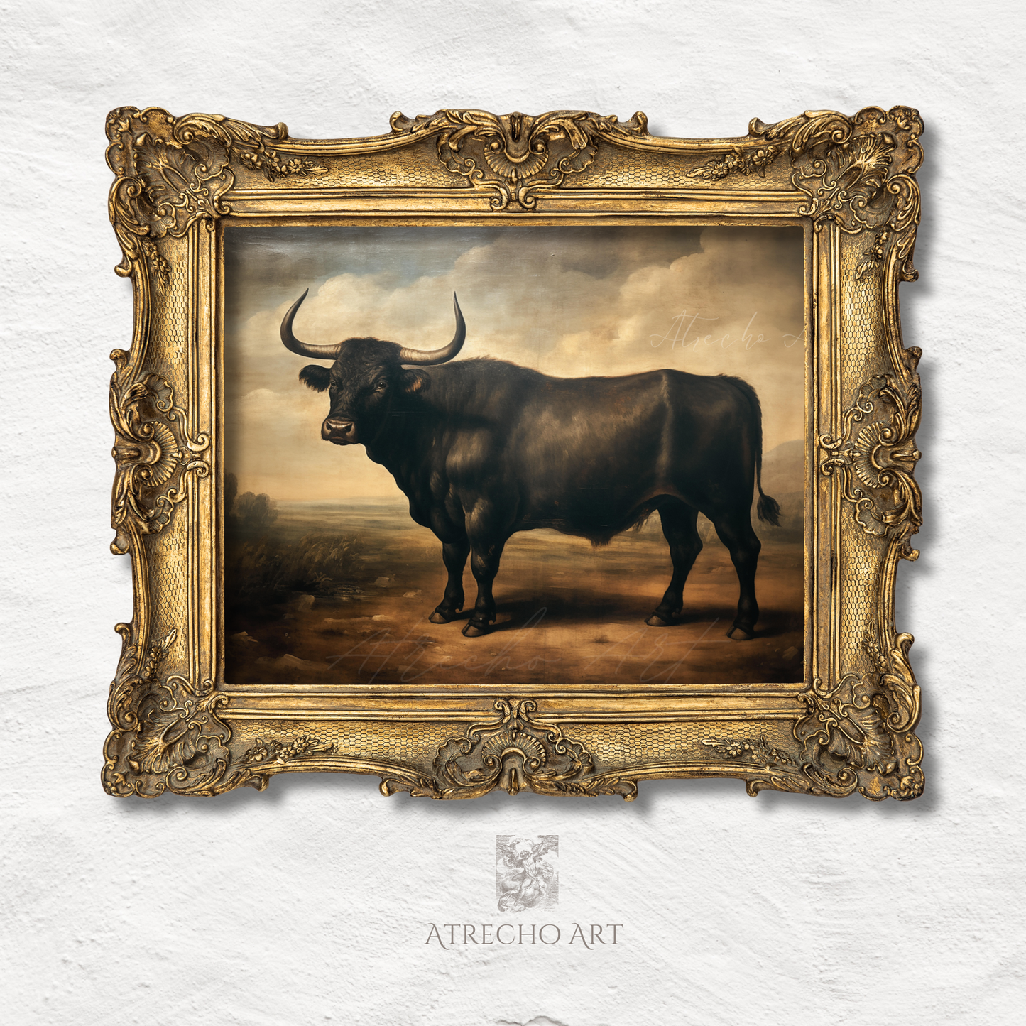 Classical black bull portrait oil painting with dramatic lighting in vintage frame, old world livestock artwork