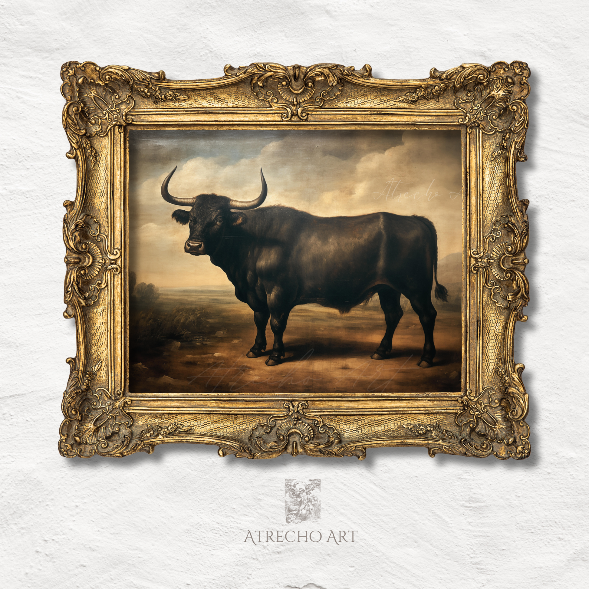 Classical black bull portrait oil painting with dramatic lighting in vintage frame, old world livestock artwork
