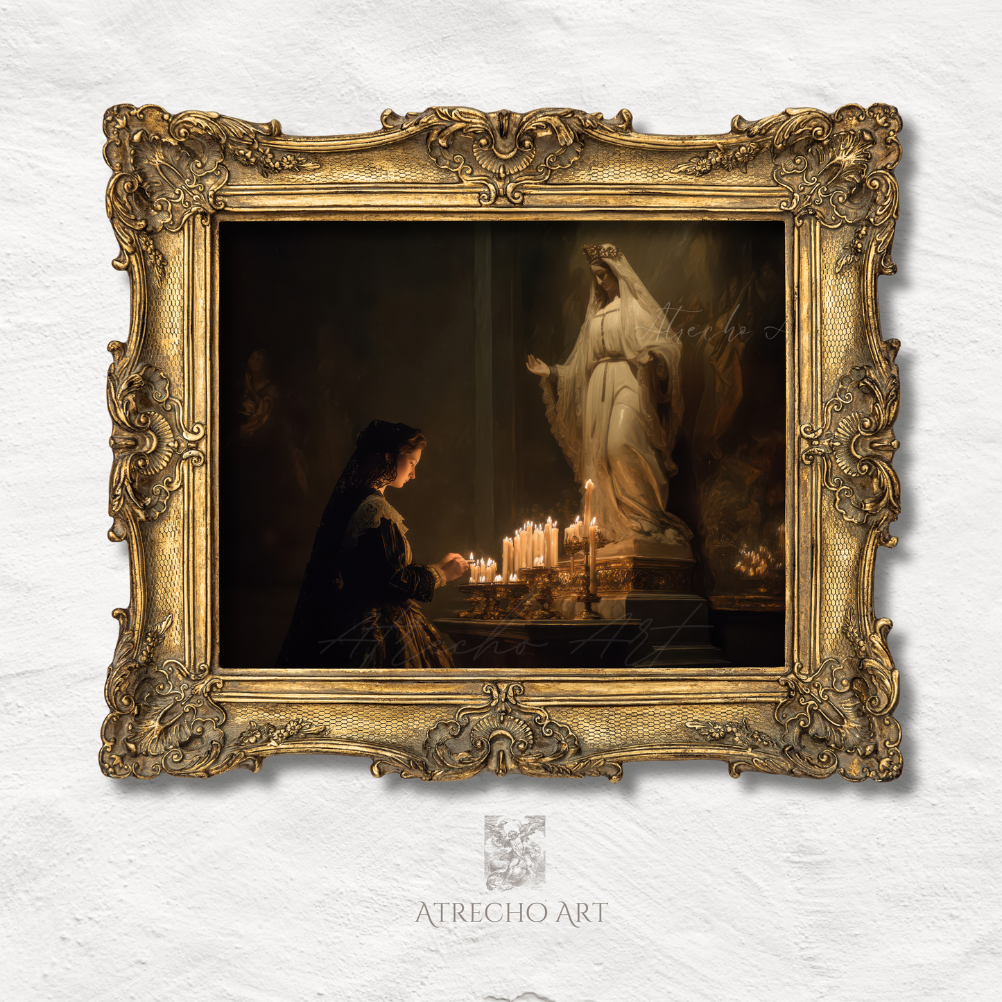 The praying-woman print in an ornate gilded baroque frame, its candlelight echoing the gold leaf, by Atrecho Art