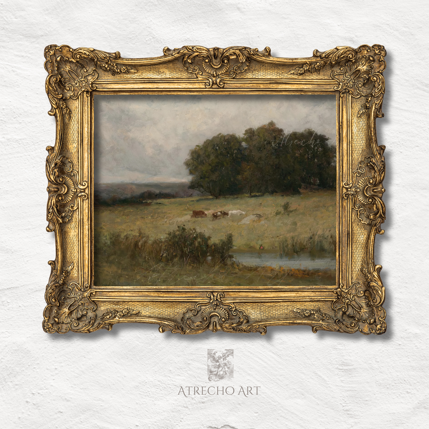 Pastoral landscape print in ornate gilded baroque frame — cattle in meadow under grey storm sky, European old master style