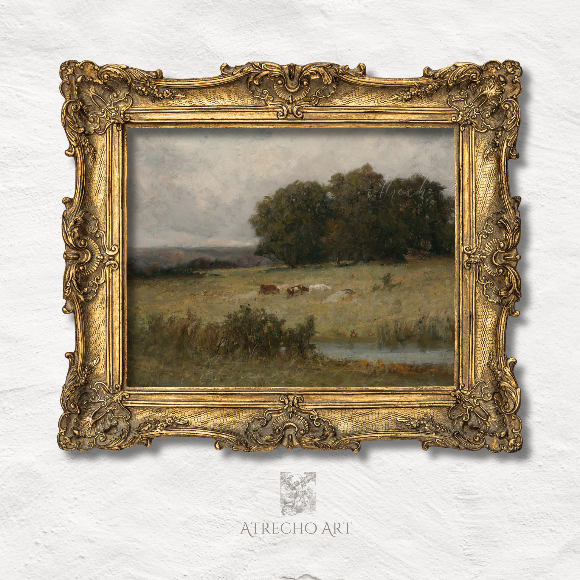 Pastoral landscape print in ornate gilded baroque frame — cattle in meadow under grey storm sky, European old master style