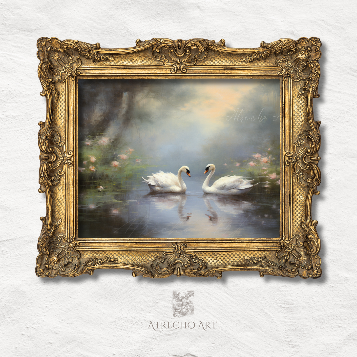 Swan lake art print in ornate baroque gold frame — Old Master style romantic bird wall art