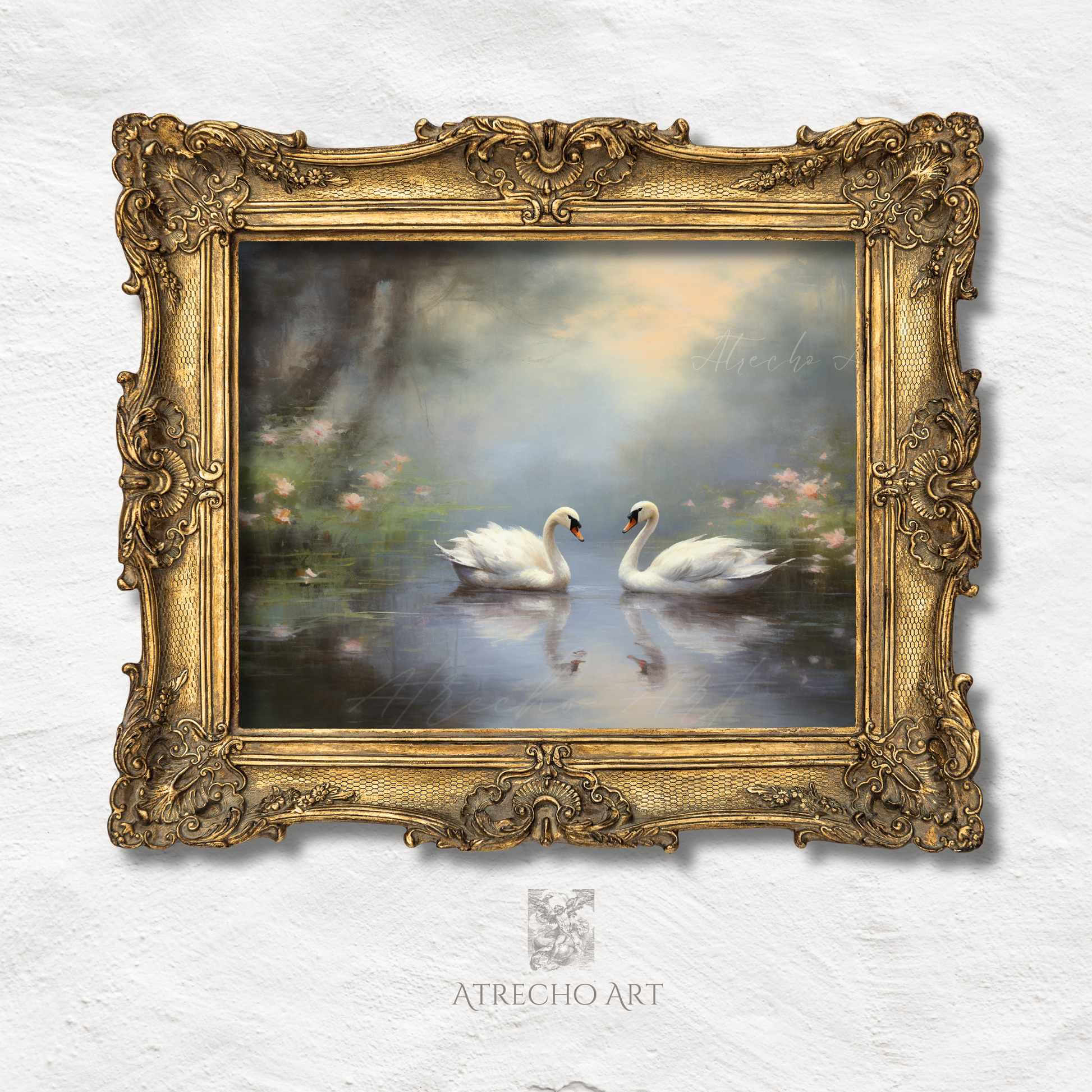 Swan lake art print in ornate baroque gold frame — Old Master style romantic bird wall art