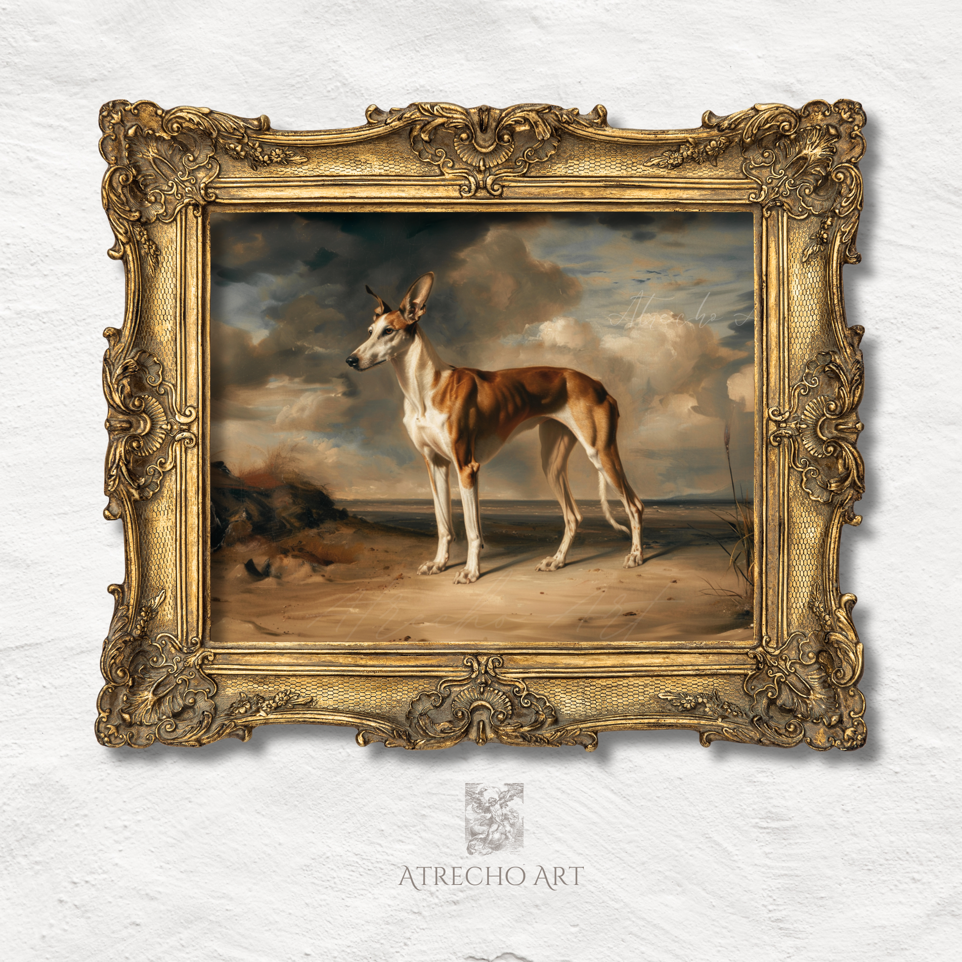 Ibizan Hound art print in ornate gold baroque frame on white wall — opulent gilded frame Spanish sighthound portrait, AN80 by Atrecho Art