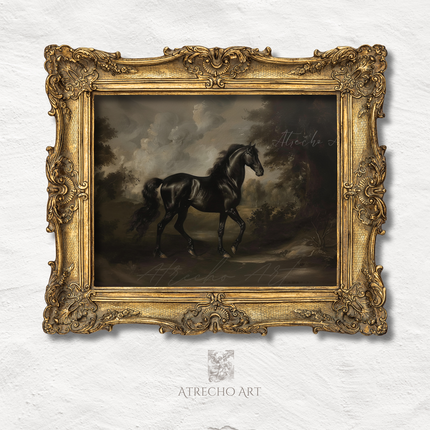Black horse wall art — vintage Old Master equestrian portrait, dark academia print in gilded frame, moody stallion painting | AN32