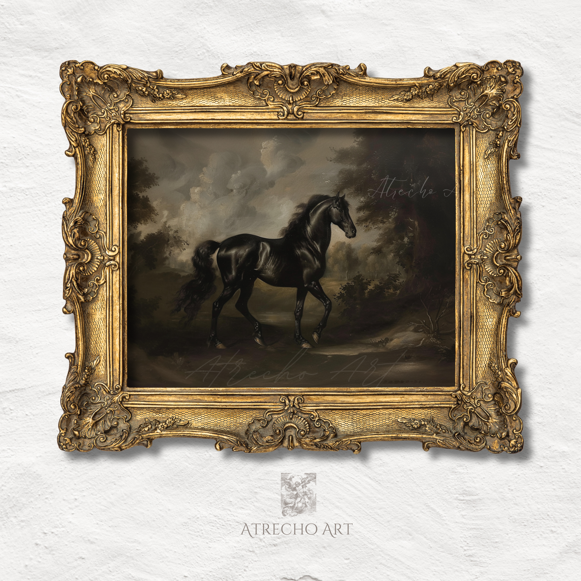 Black horse wall art — vintage Old Master equestrian portrait, dark academia print in gilded frame, moody stallion painting | AN32