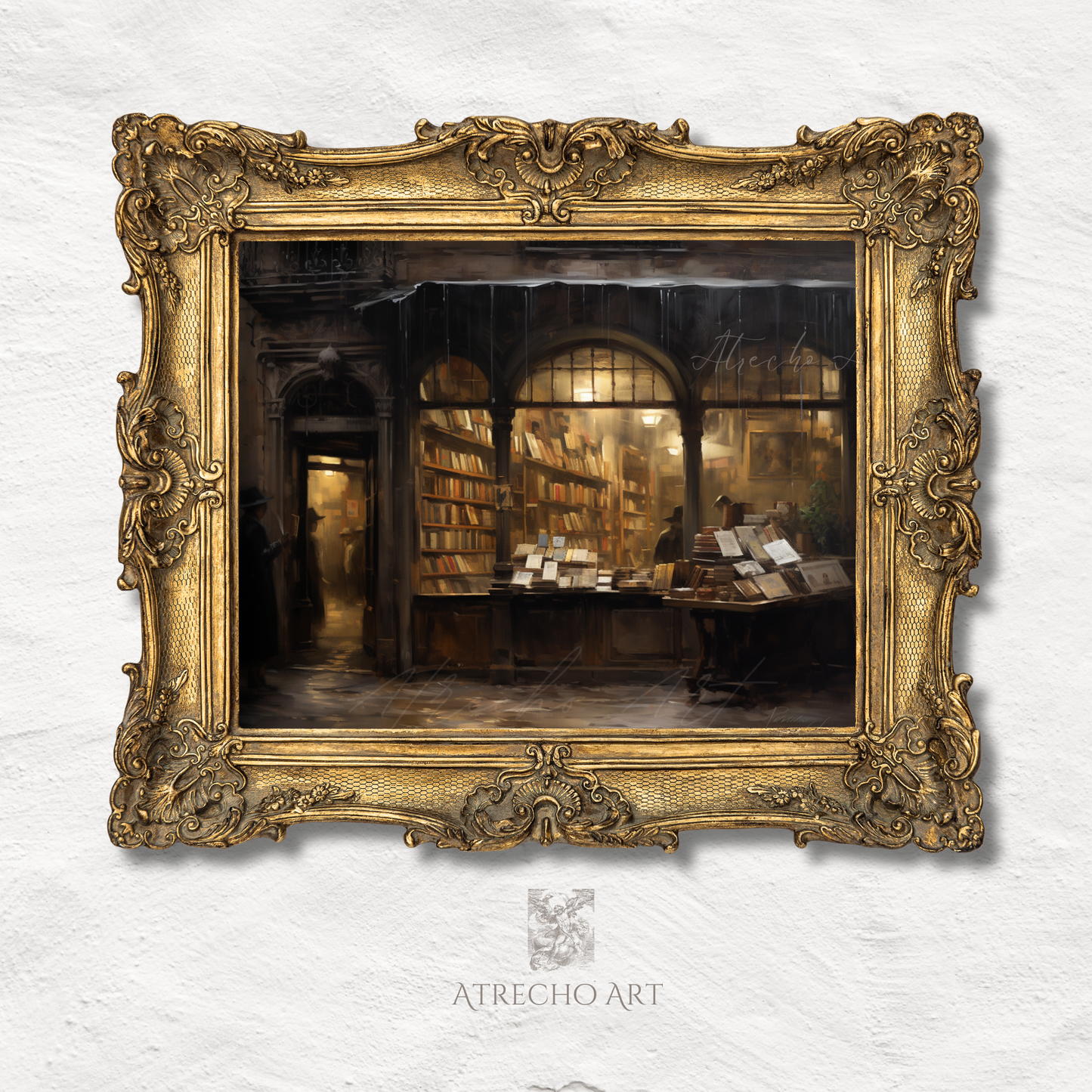 Bookstore art print in ornate gilded baroque frame — grand European bookseller interior, archival quality, AR24 by Atrecho Art