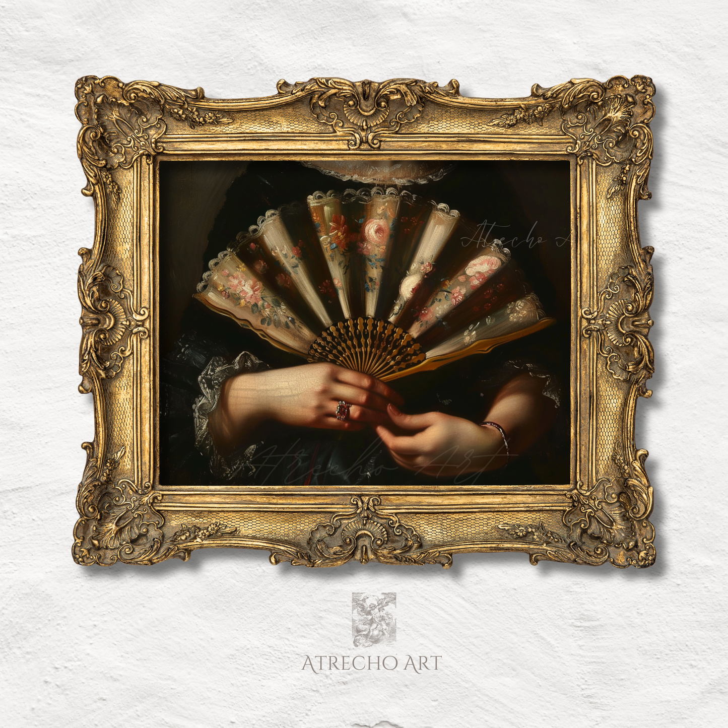 The fan print in an ornate baroque gold frame, its floral fan and jeweled hands framed in Old World luxe, by Atrecho Art