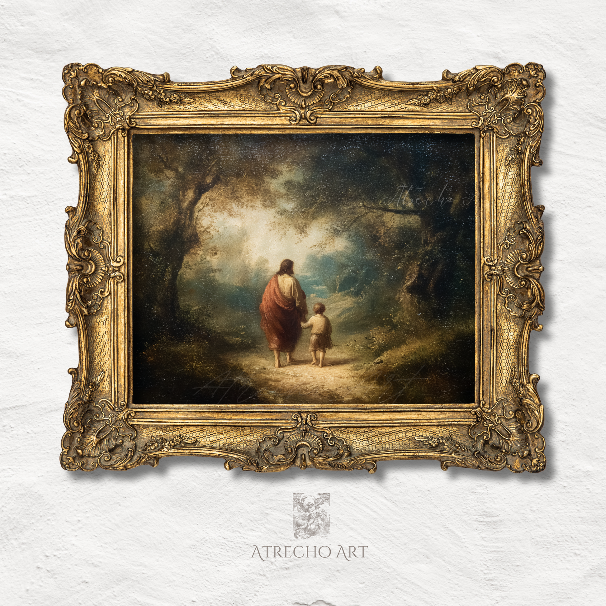 Vintage-inspired Jesus and child art print featuring warm golden lighting in Old World Spanish religious painting style, perfect for Christian home decor and prayer spaces